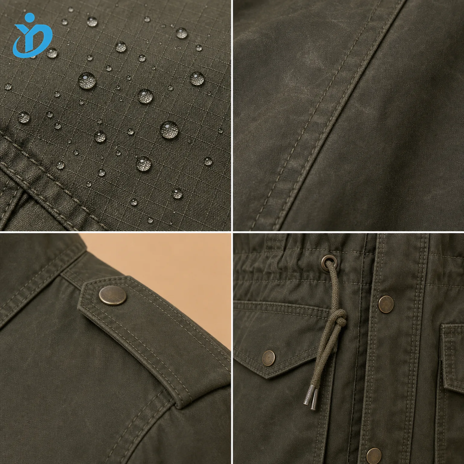 Detail grid for custom mens waterproof field jacket showing ripstop cotton canvas water droplets waxed cotton texture epaulette adjustable waist drawcord utility pockets and Dongguan Yidi Clothing Co Ltd transparent logo