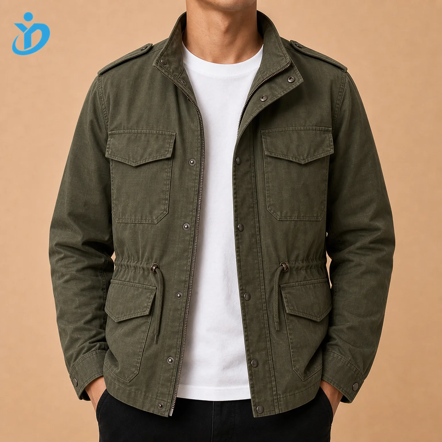Upper body front view of custom mens olive waterproof field jacket with cotton canvas ripstop waxed cotton texture windproof finish adjustable waist epaulettes utility pockets and Dongguan Yidi Clothing Co Ltd transparent logo