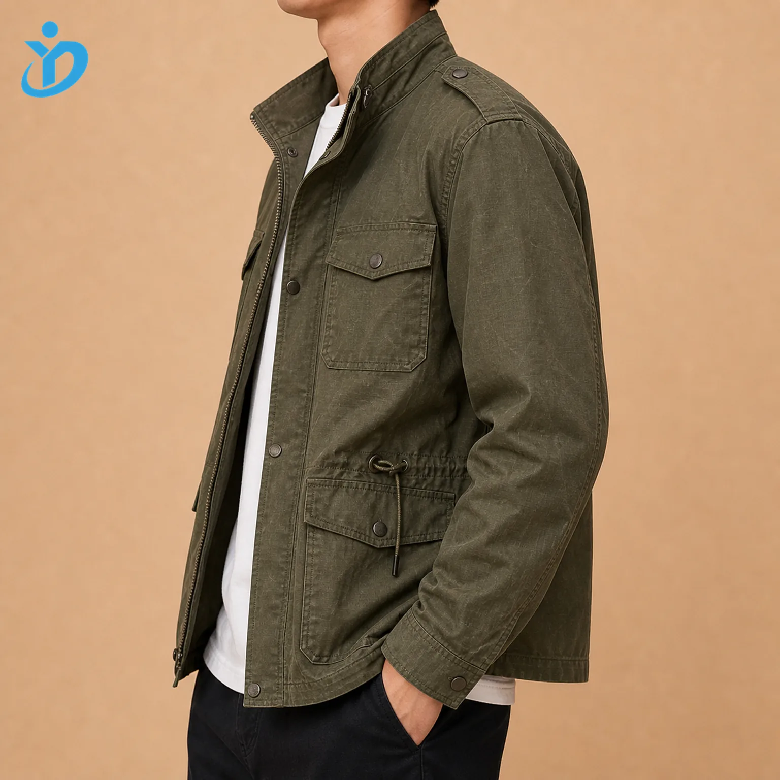 Upper body side view of custom mens waterproof field jacket showing cotton canvas ripstop waxed cotton finish windproof shell adjustable waist drawcord epaulette utility pockets and Dongguan Yidi Clothing Co Ltd transparent logo