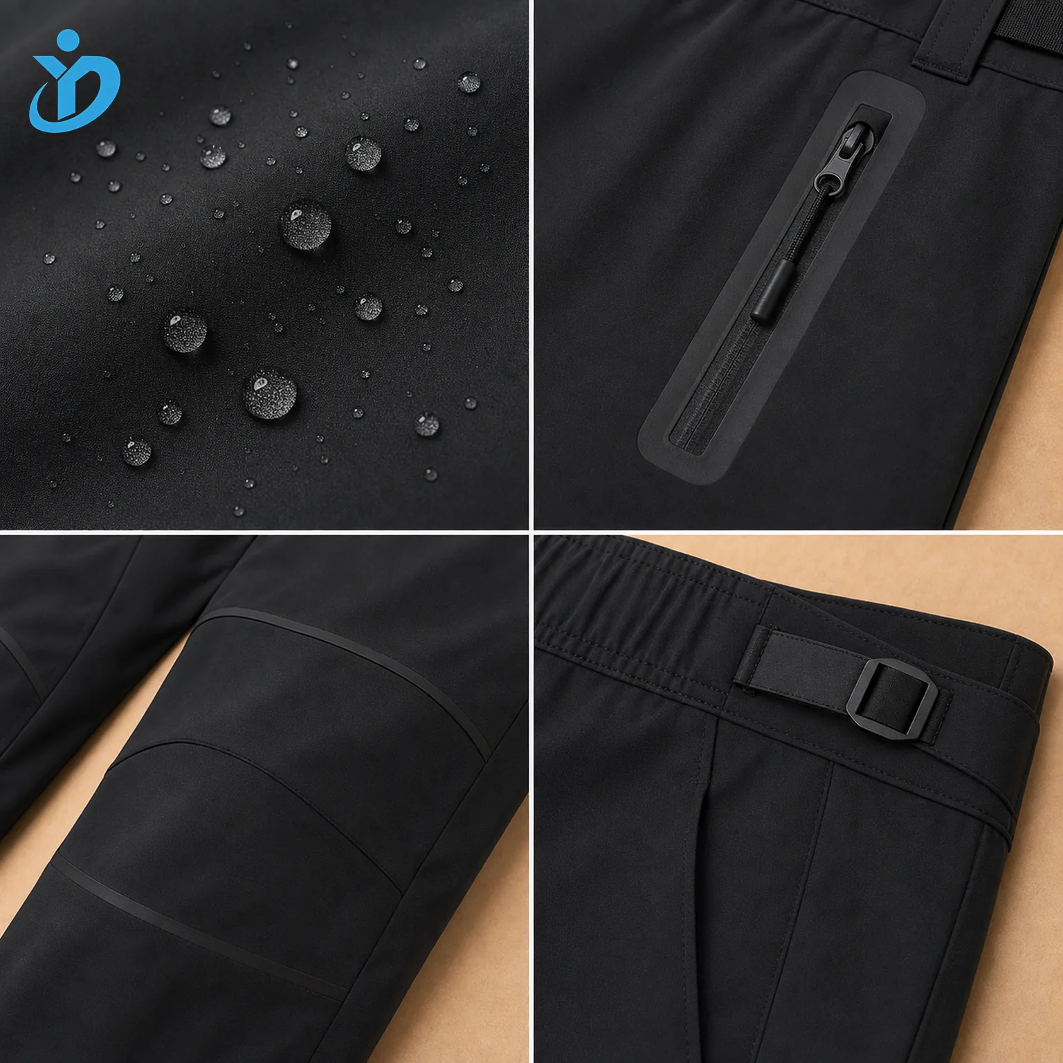 Detail grid for custom mens waterproof techwear pants showing nylon spandex water droplets waterproof zipper laser cutting bonded seams adjustable waist buckle and Dongguan Yidi Clothing Co Ltd transparent logo
