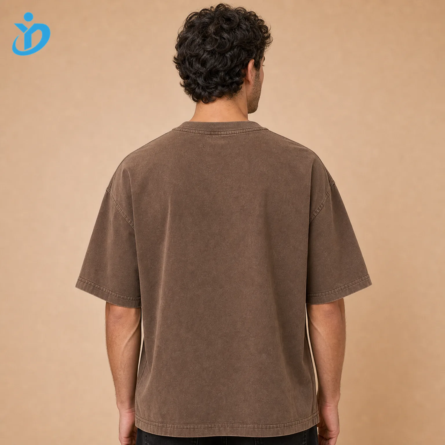 Upper body back view of custom mens workwear pocket T-shirts showing workwear brown garment wash relaxed fit reinforced neck shoulder tape double needle hem and Dongguan Yidi Clothing Co Ltd transparent logo