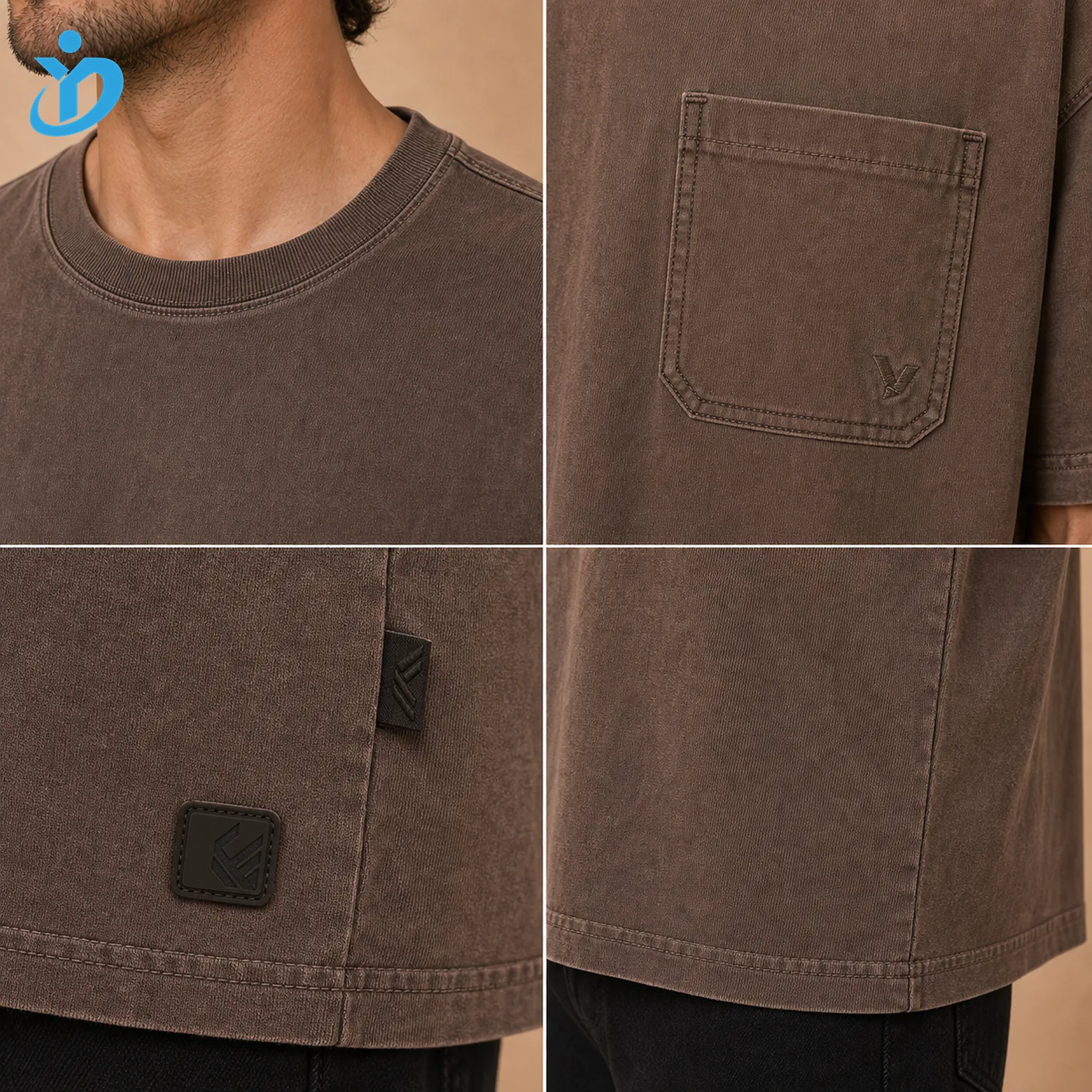 Upper body detail grid for custom mens workwear pocket T-shirts showing reinforced neck left chest patch pocket pocket bartack embroidery woven patch rubber silicone patch garment wash and Dongguan Yidi Clothing Co Ltd transparent logo