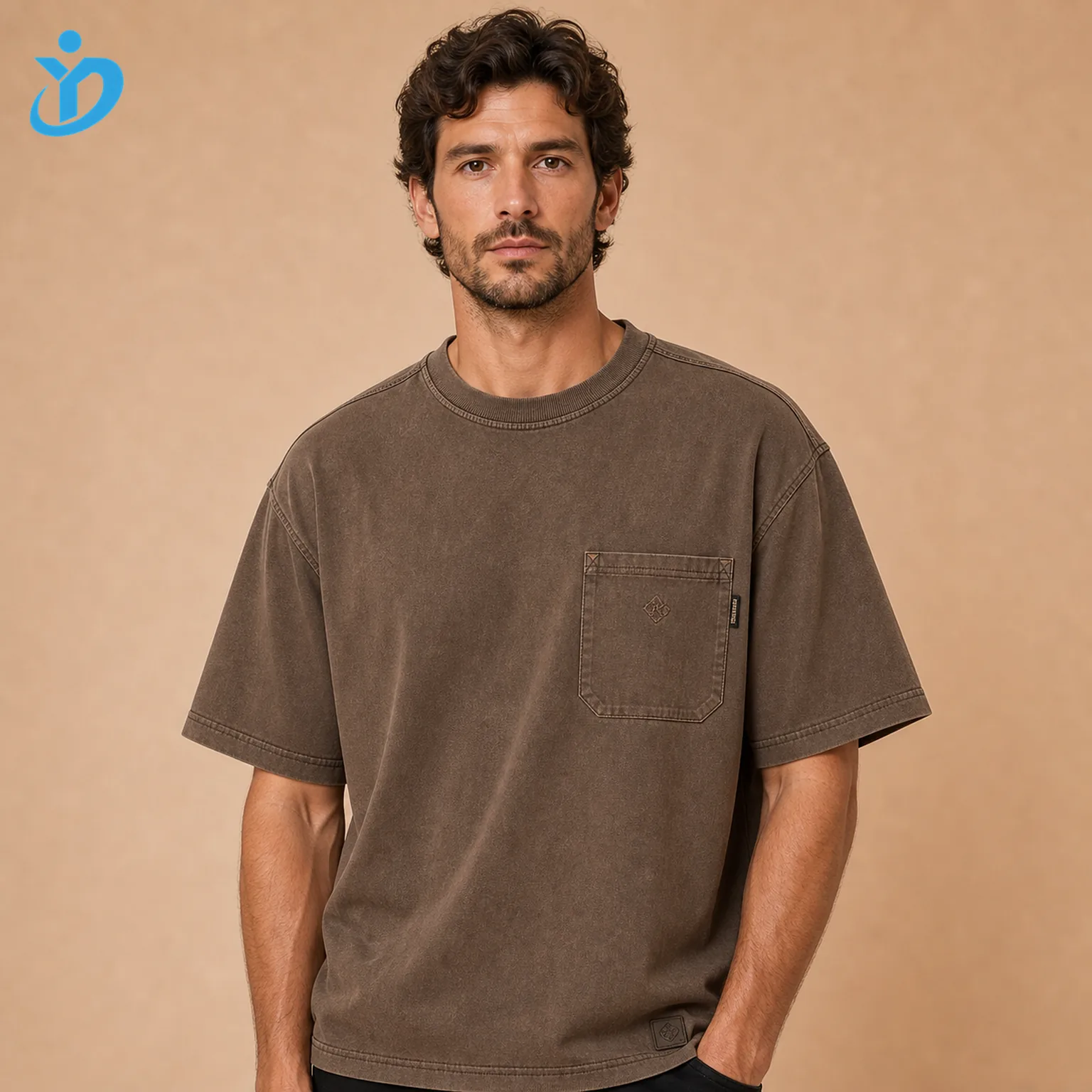 Upper body front view of custom mens workwear pocket T-shirts with workwear brown relaxed fit left chest patch pocket garment wash reinforced neck and Dongguan Yidi Clothing Co Ltd transparent logo