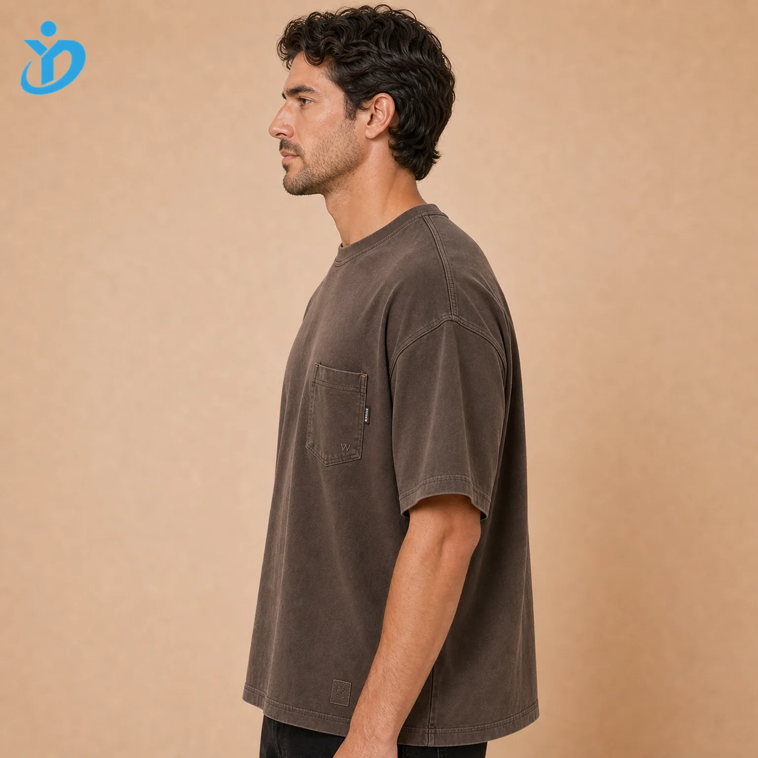 Upper body side view of custom mens workwear pocket T-shirts showing relaxed fit shoulder tape garment washed workwear brown cotton jersey and Dongguan Yidi Clothing Co Ltd transparent logo
