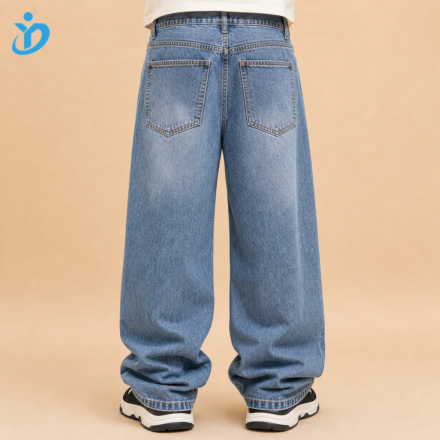 Custom Men's Y2K Baggy Denim Jeans back view with transparent company logo