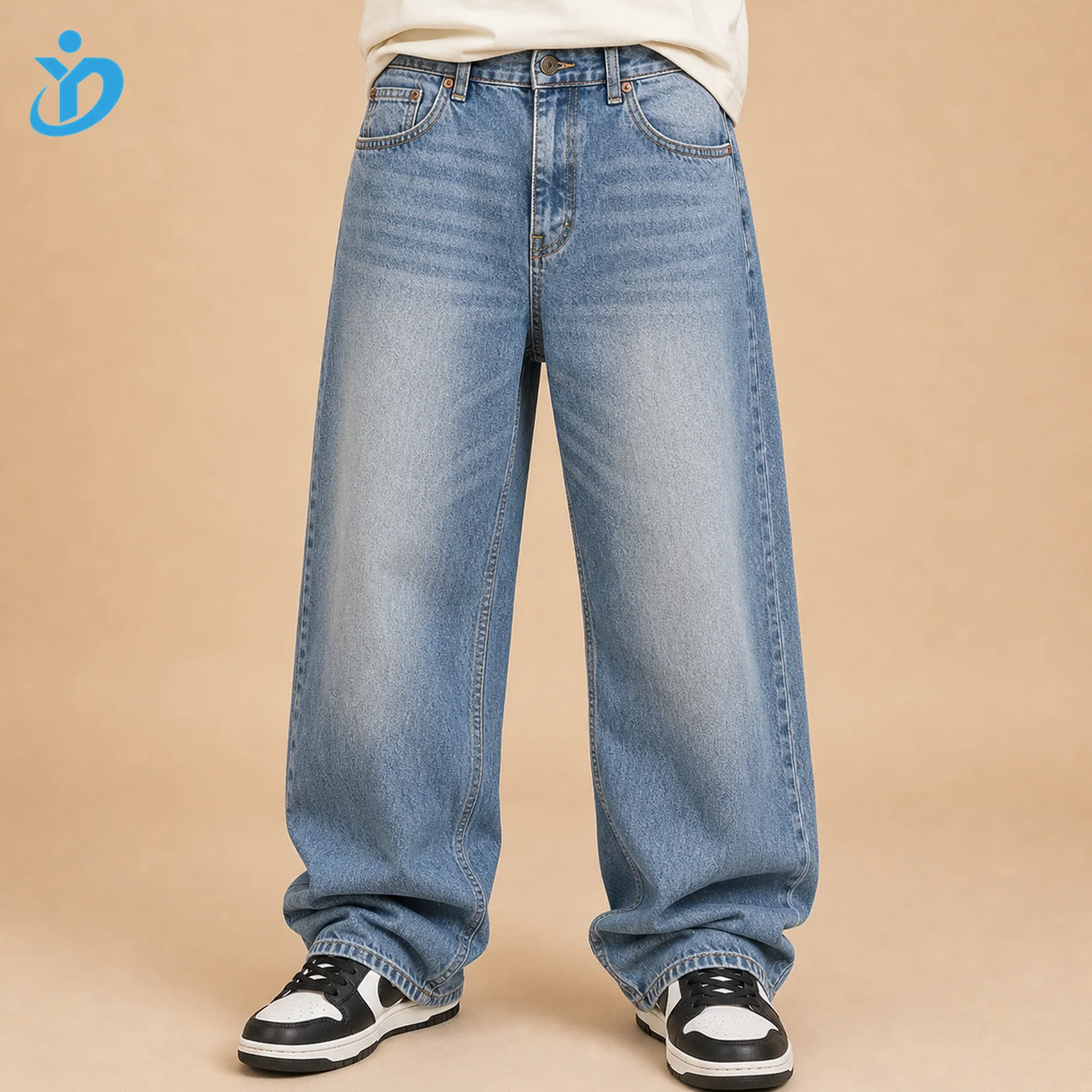 Custom Men's Y2K Baggy Denim Jeans front view with transparent company logo