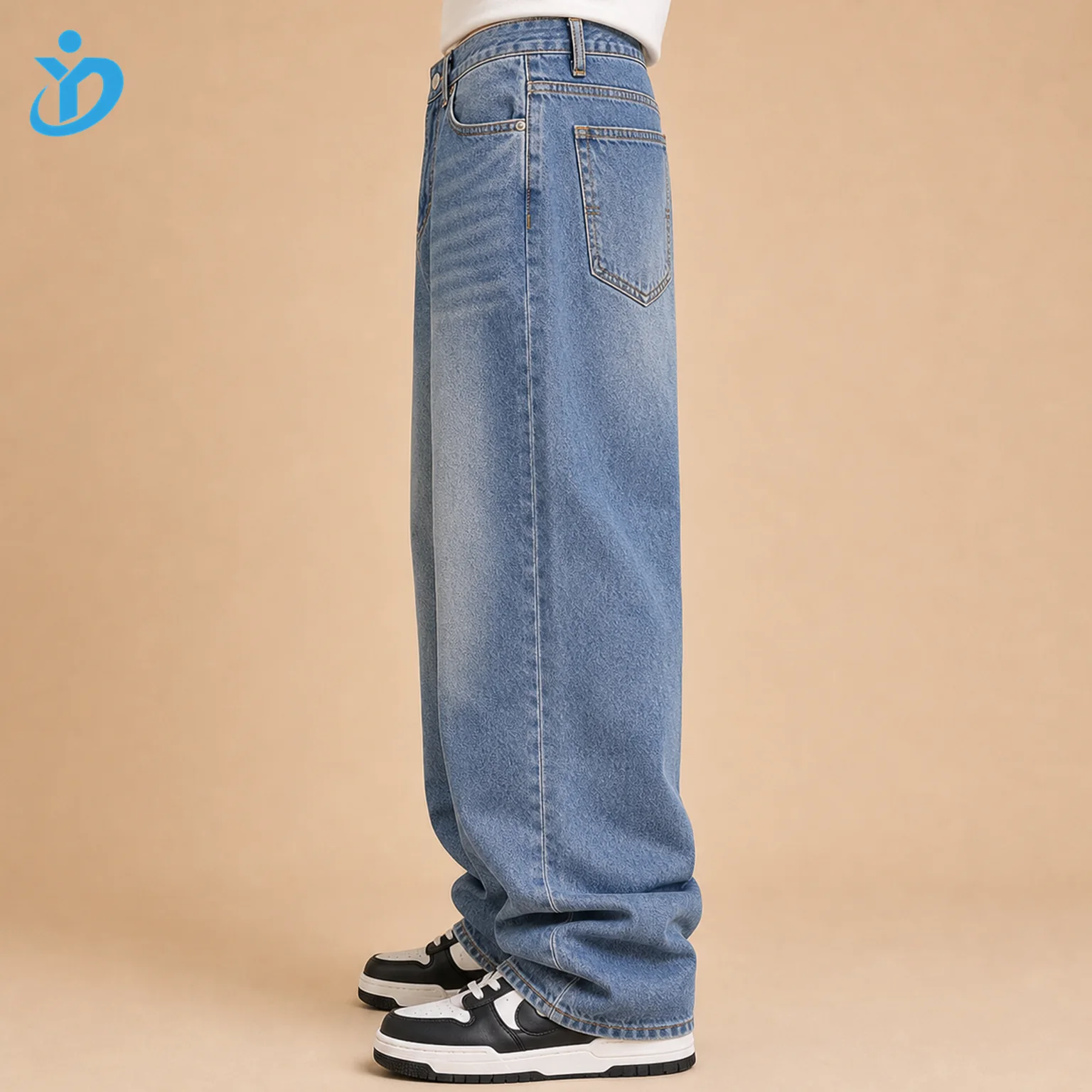 Custom Men's Y2K Baggy Denim Jeans side view with transparent company logo