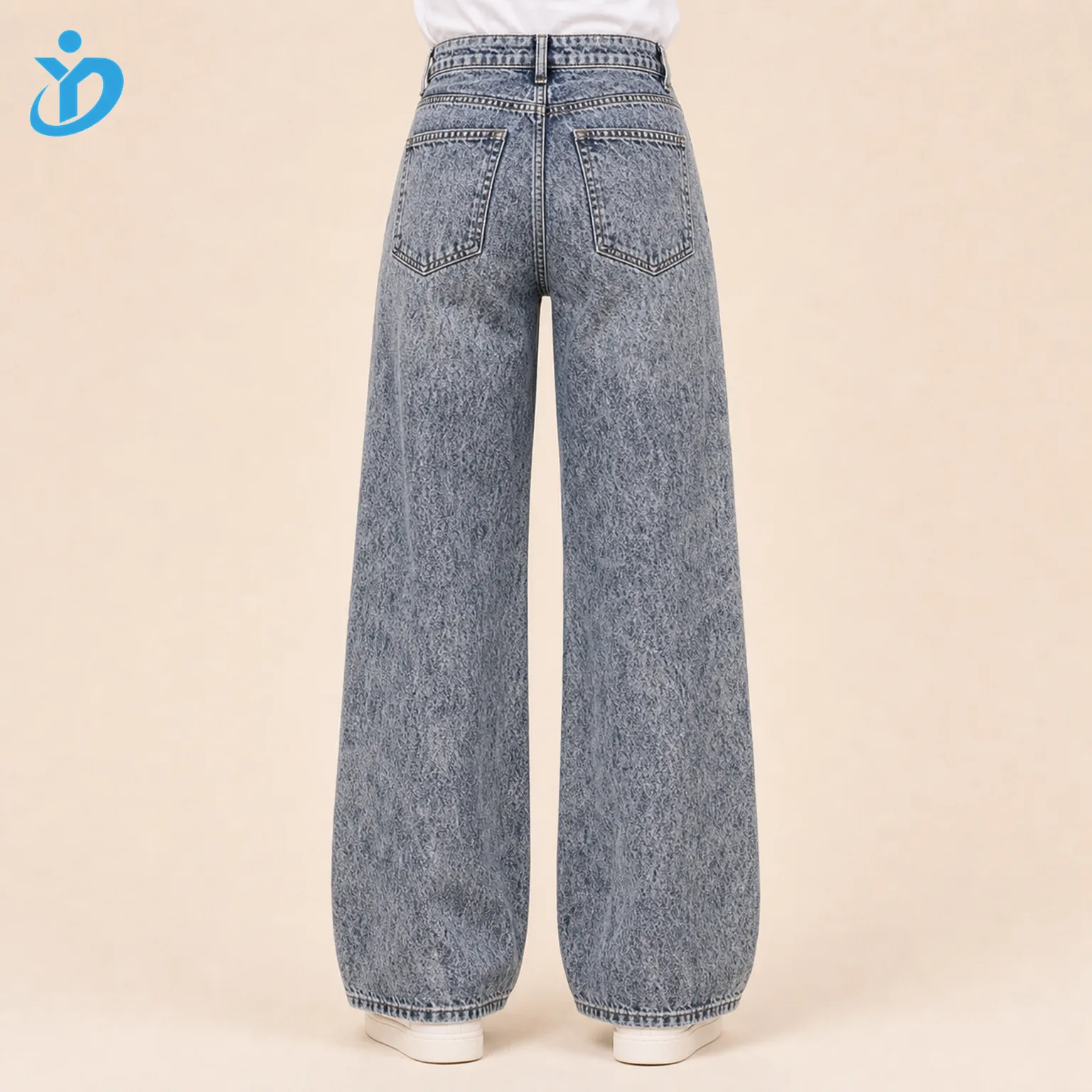 Custom womens acid wash wide leg jeans back view lower body model with back pockets acid wash wide leg fit and Dongguan Yidi Clothing Co Ltd transparent logo