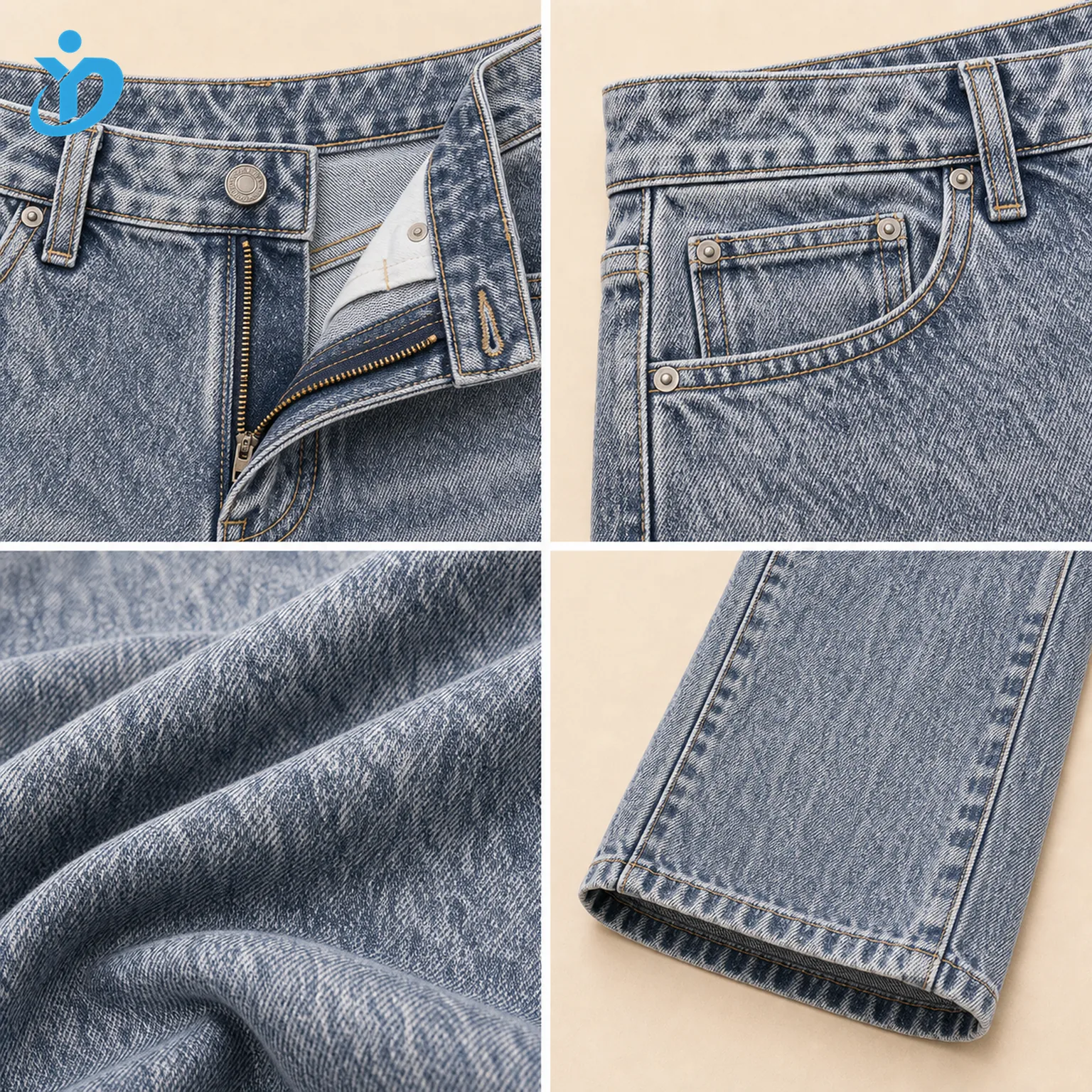 Custom womens acid wash wide leg jeans detail grid showing high rise waistband zipper fly coin pocket acid wash denim fabric wide hem stitching and Dongguan Yidi Clothing Co Ltd transparent logo