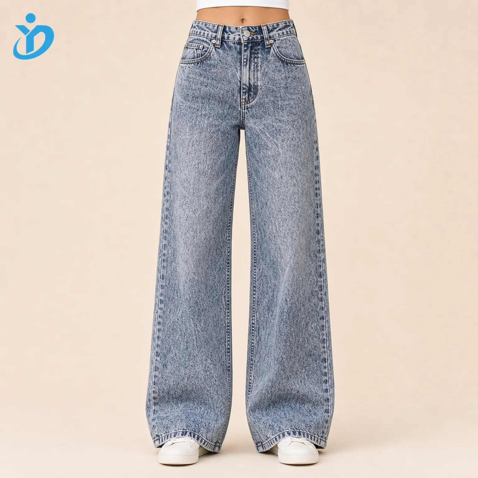 Custom womens acid wash wide leg jeans front view lower body model with high rise wide leg fit and Dongguan Yidi Clothing Co Ltd transparent logo