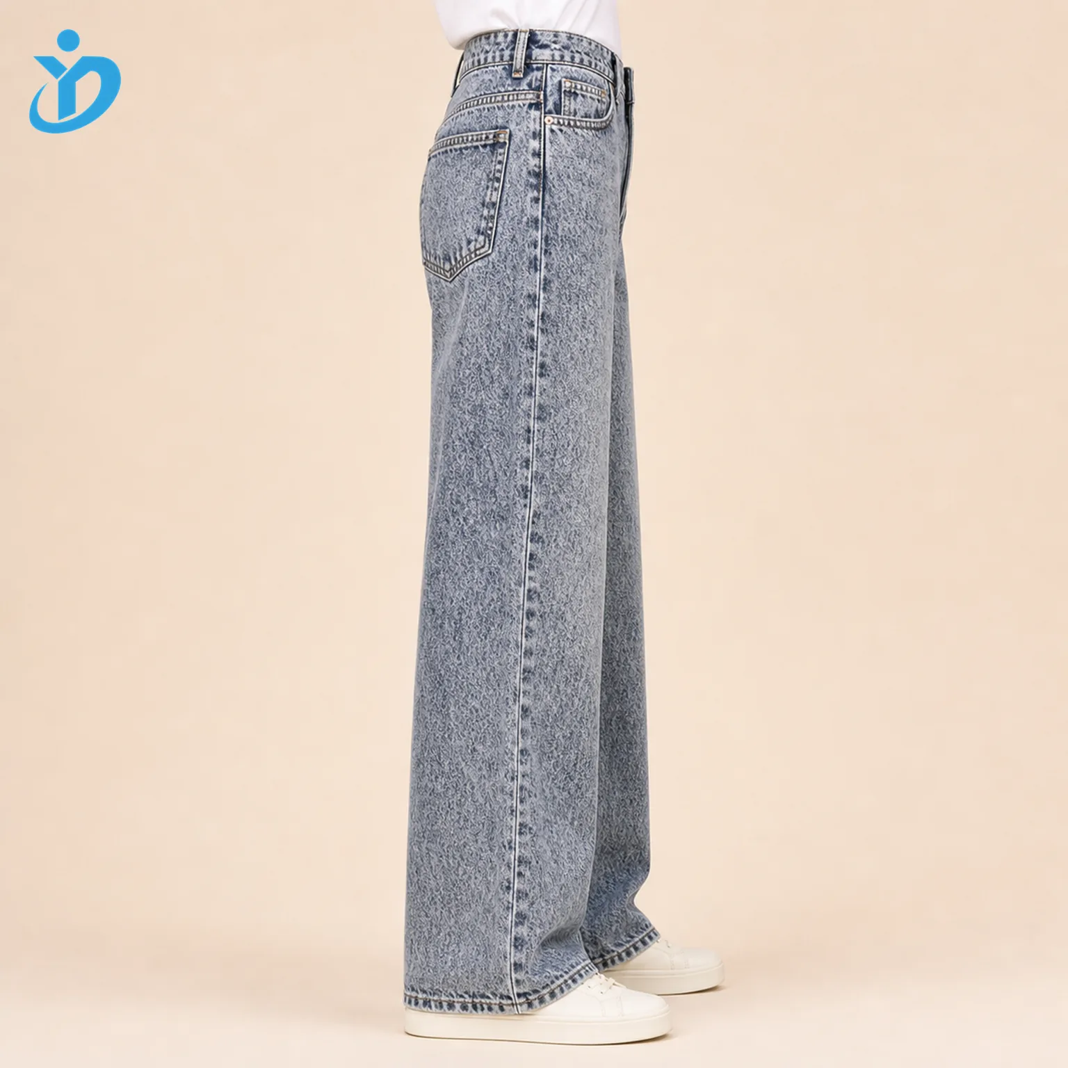 Custom womens acid wash wide leg jeans side view lower body model for OEM ODM denim jeans manufacturing with Dongguan Yidi Clothing Co Ltd transparent logo