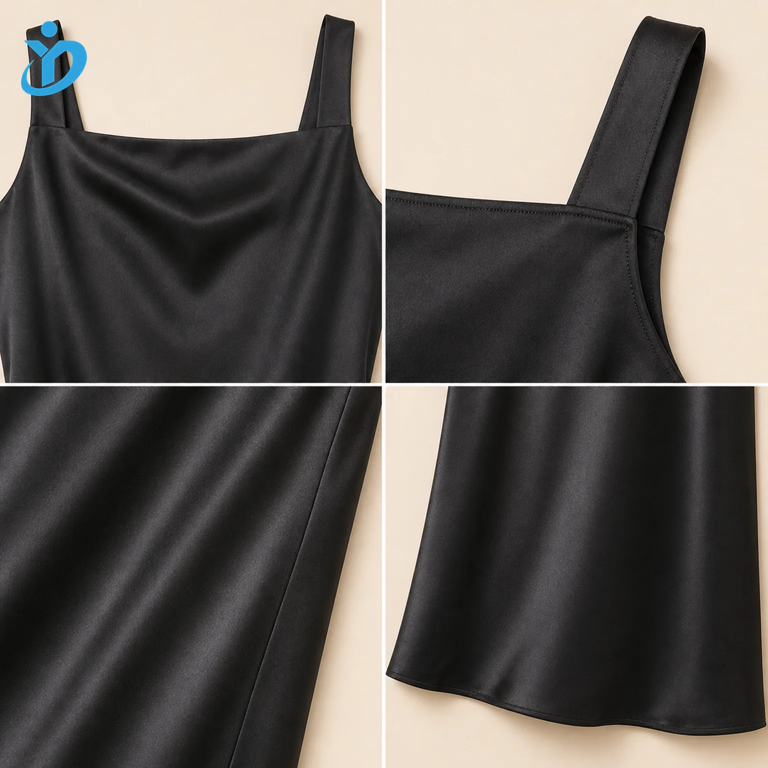 Custom womens black satin camisole slip dress detail grid showing straight neckline shoulder straps satin seam hem and Dongguan Yidi Clothing Co Ltd transparent logo