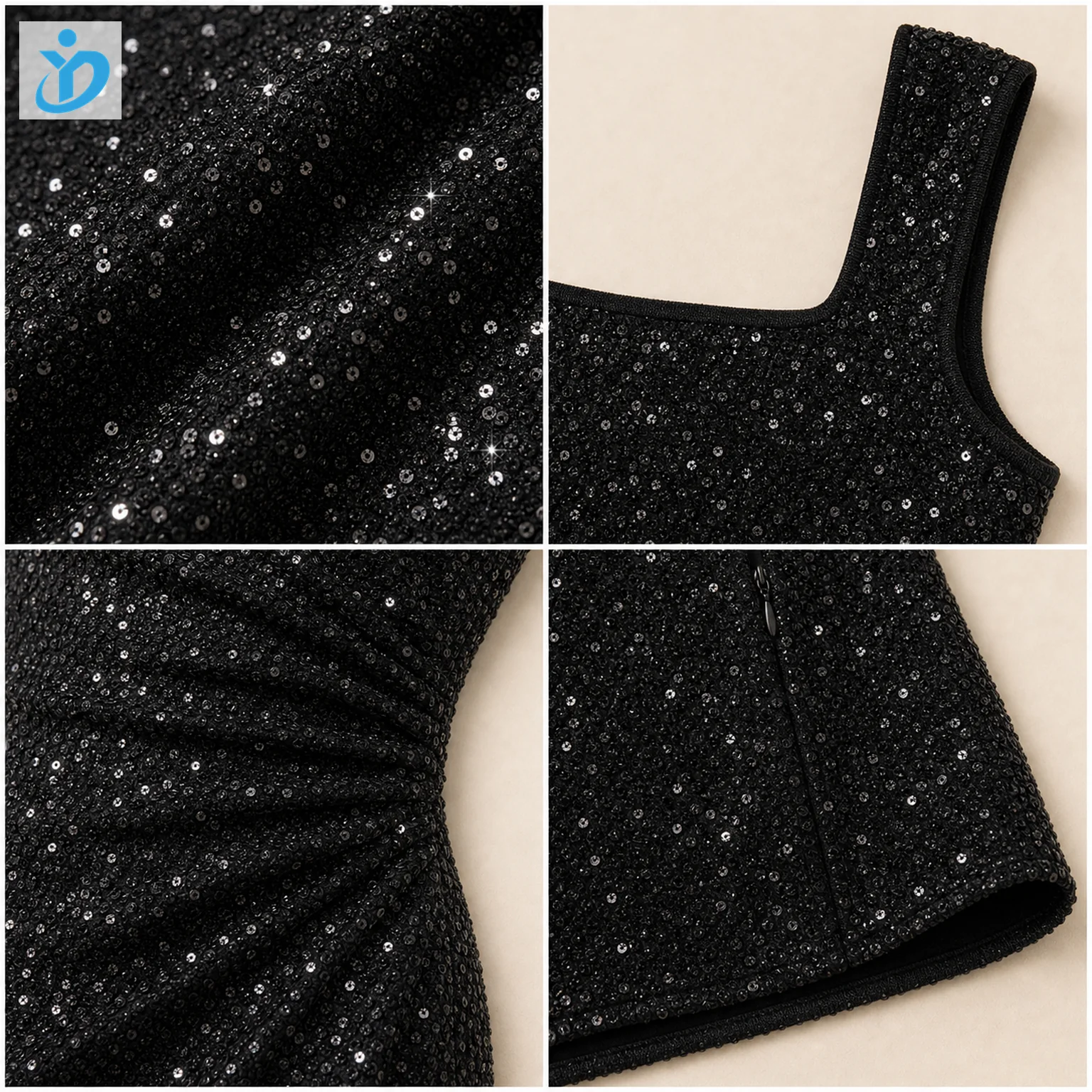 Square 1 to 1 custom womens black sequin bodycon party dress detail grid showing sequin fabric strap ruching zipper seam hem and Dongguan Yidi Clothing Co Ltd logo