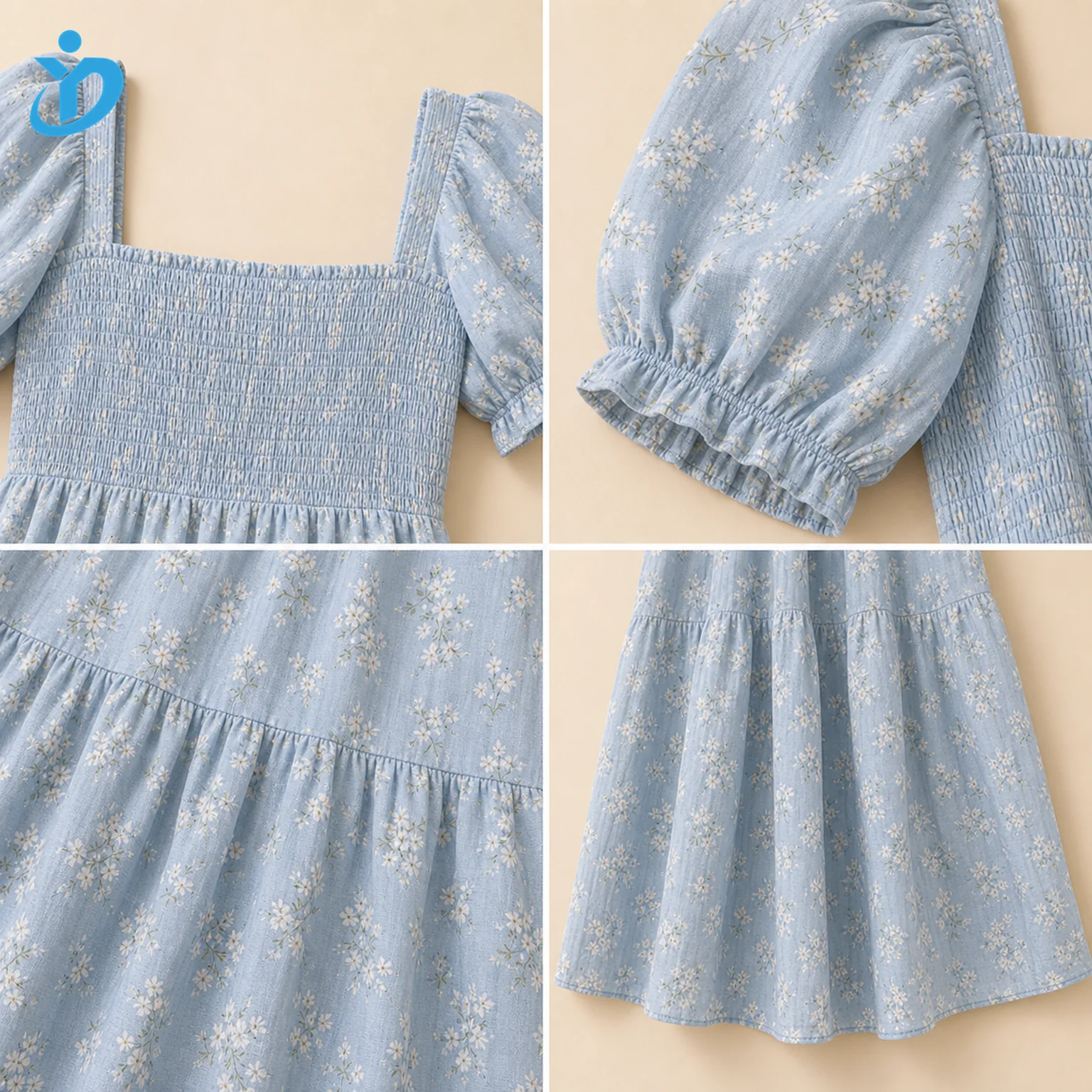 Custom womens blue floral tiered dress detail grid showing square neckline smocking puff sleeve tier seam floral fabric hem and Dongguan Yidi Clothing Co Ltd transparent logo