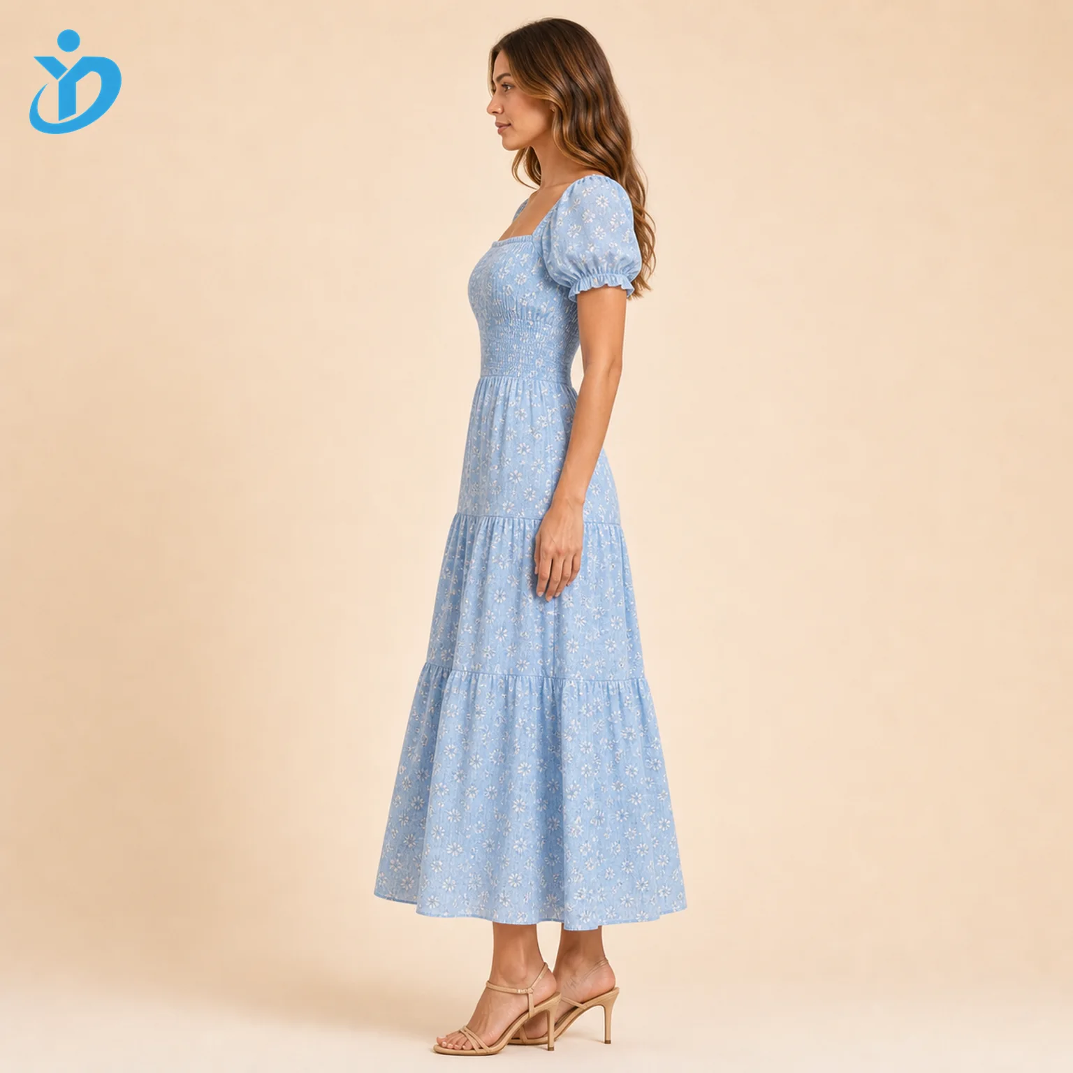 Custom womens blue floral tiered dress side view for private label resortwear dress manufacturing with Dongguan Yidi Clothing Co Ltd transparent logo