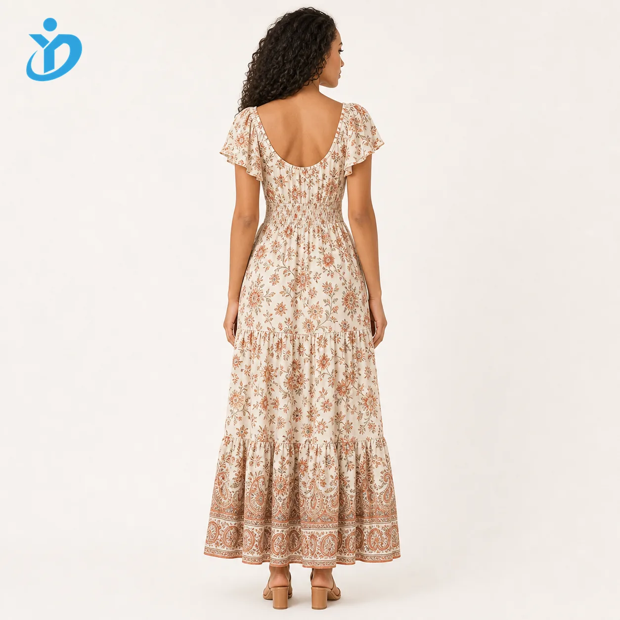 Custom womens bohemian maxi dress back view with YIDI Clothing logo