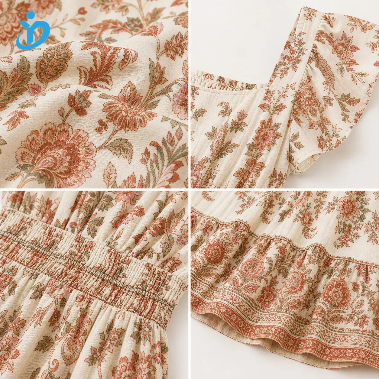 Custom bohemian maxi dress fabric smocked waist sleeve and ruffle hem details with YIDI Clothing logo