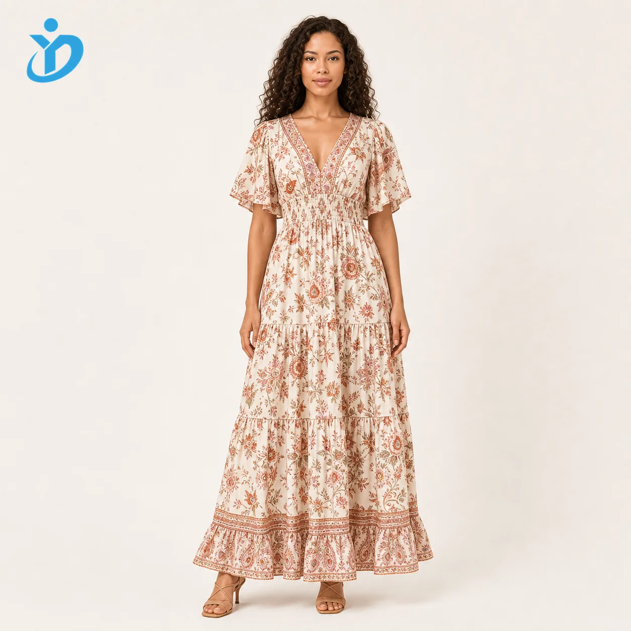Custom womens bohemian maxi dress front view with YIDI Clothing logo