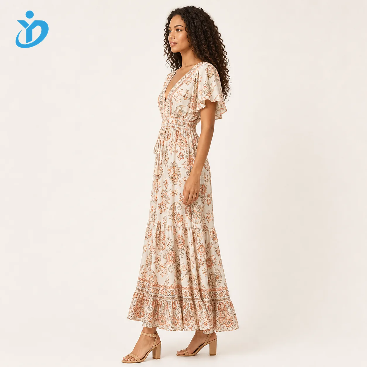Custom womens bohemian maxi dress side view from China OEM ODM dress supplier