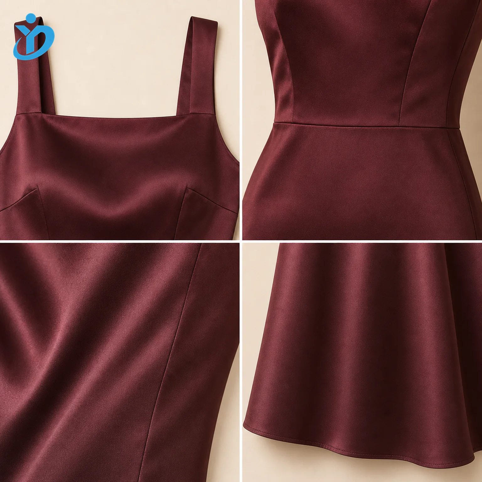 Custom womens burgundy satin cocktail dress detail grid showing square neckline bodice seam satin fabric waist seam hem and Dongguan Yidi Clothing Co Ltd transparent logo