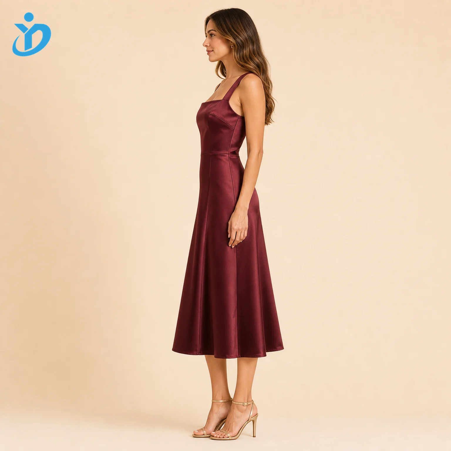 Custom womens burgundy satin cocktail dress side view for private label eveningwear manufacturing with Dongguan Yidi Clothing Co Ltd transparent logo
