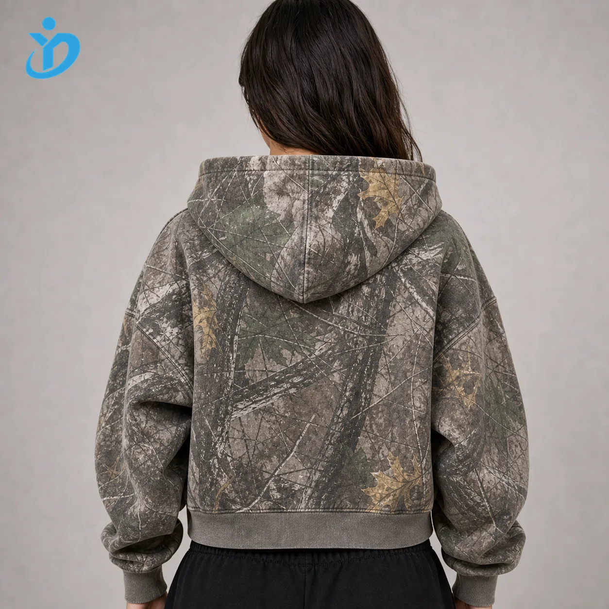 Custom womens camo heavyweight boxy zip hoodie back view upper body model for private label hoodie manufacturing with YIDI Clothing logo