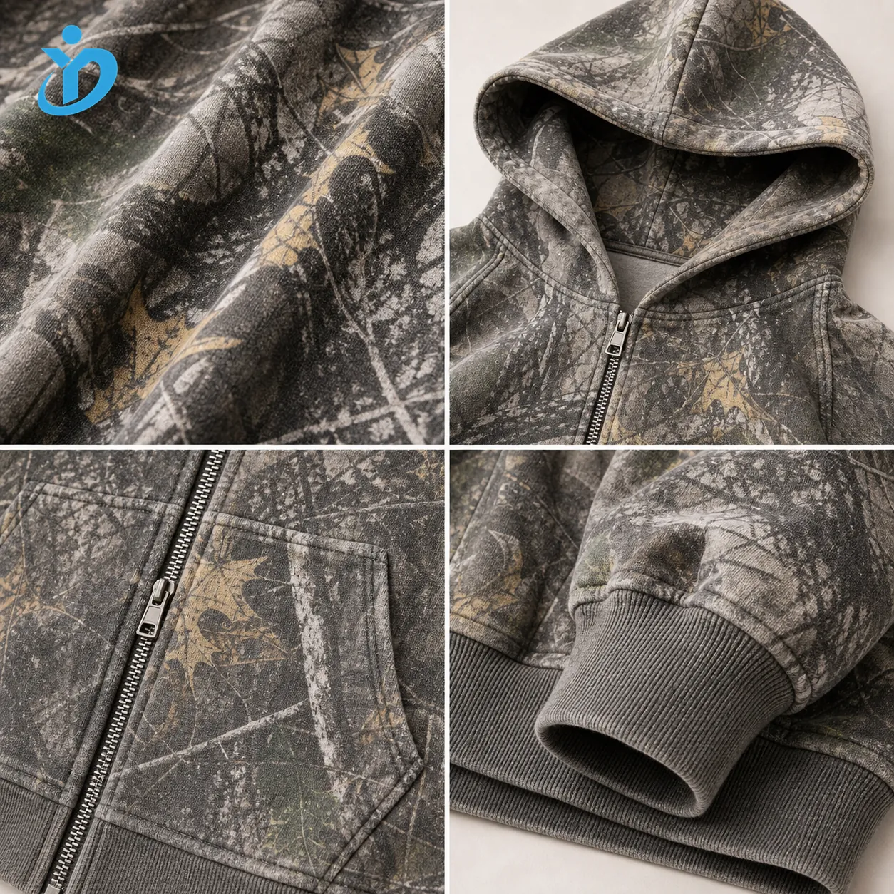 Custom womens camo heavyweight boxy zip hoodie forest camouflage fleece hood zipper cuff and hem details with YIDI Clothing logo