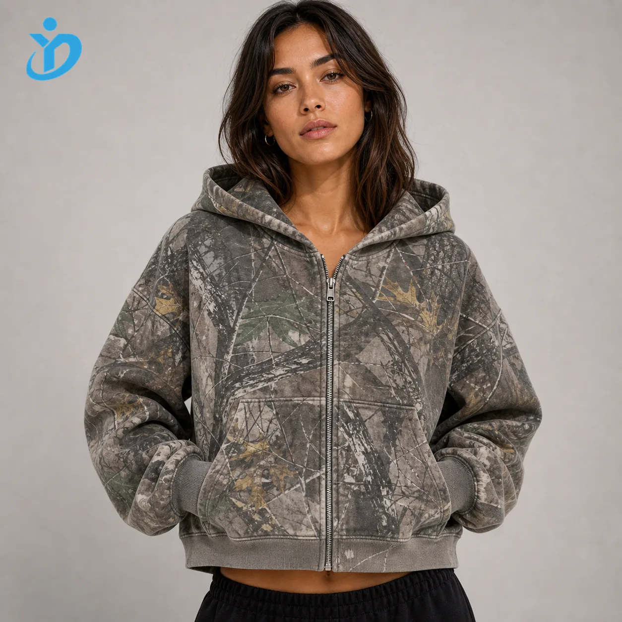 Custom womens camo heavyweight boxy zip hoodie front view upper body model with YIDI Clothing logo