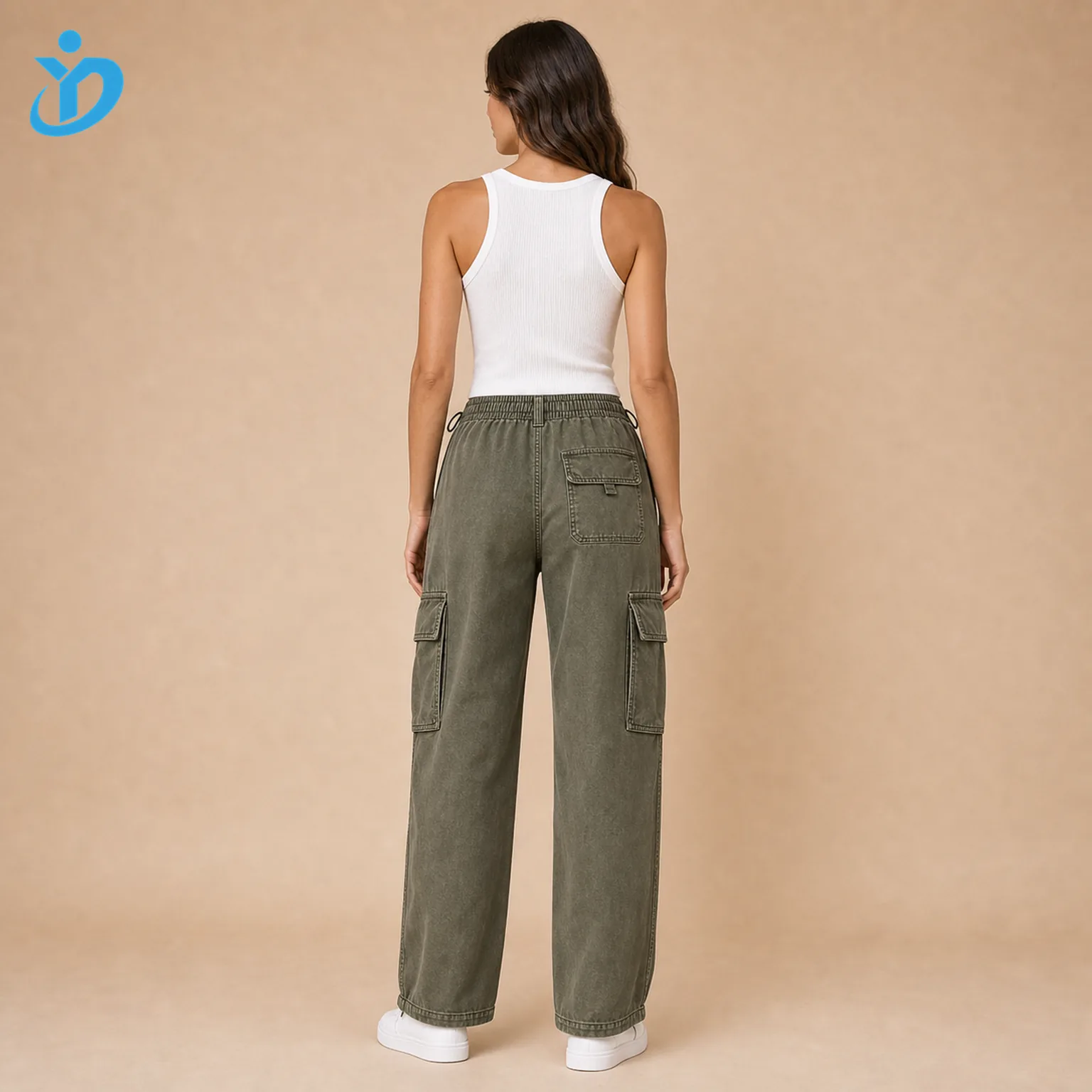 Custom womens cargo pants back view showing elastic waist utility pocket straight hem garment washed cotton twill reinforced stitching white sneakers and Dongguan Yidi Clothing Co Ltd transparent logo