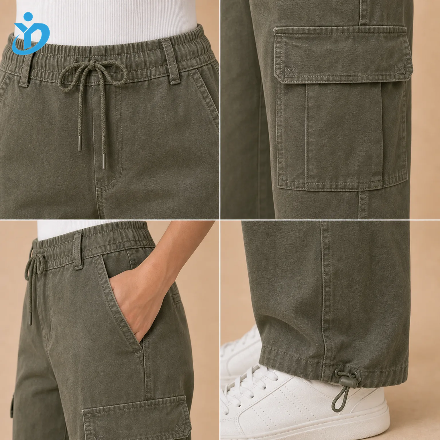 Custom womens cargo pants detail grid showing utility pocket adjustable drawcord elastic waist elastic cuff straight hem reinforced stitching garment wash and Dongguan Yidi Clothing Co Ltd transparent logo
