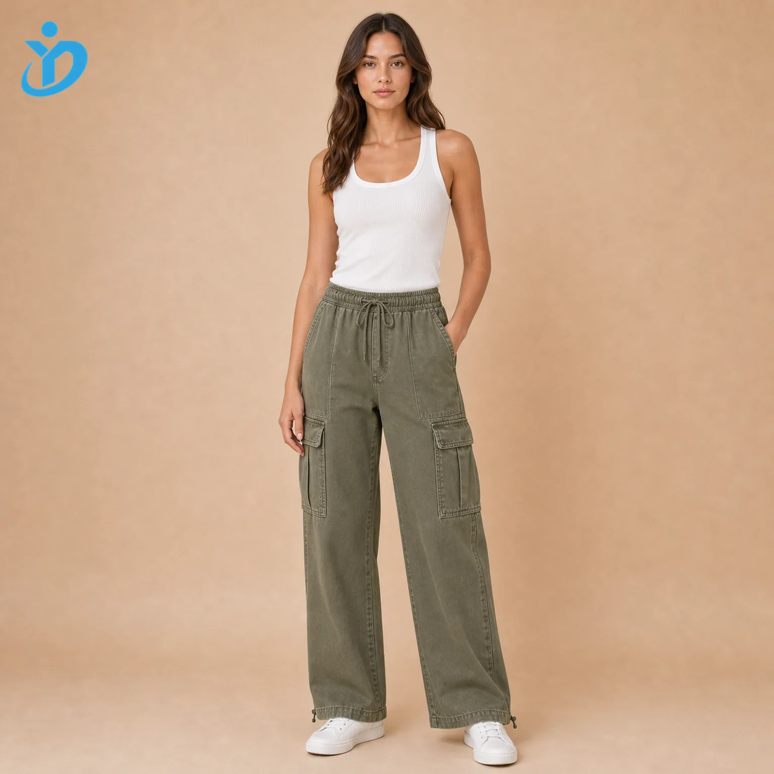 Custom womens cargo pants front view with olive garment wash utility pockets adjustable drawcord elastic waist reinforced stitching white tank white sneakers and Dongguan Yidi Clothing Co Ltd transparent logo
