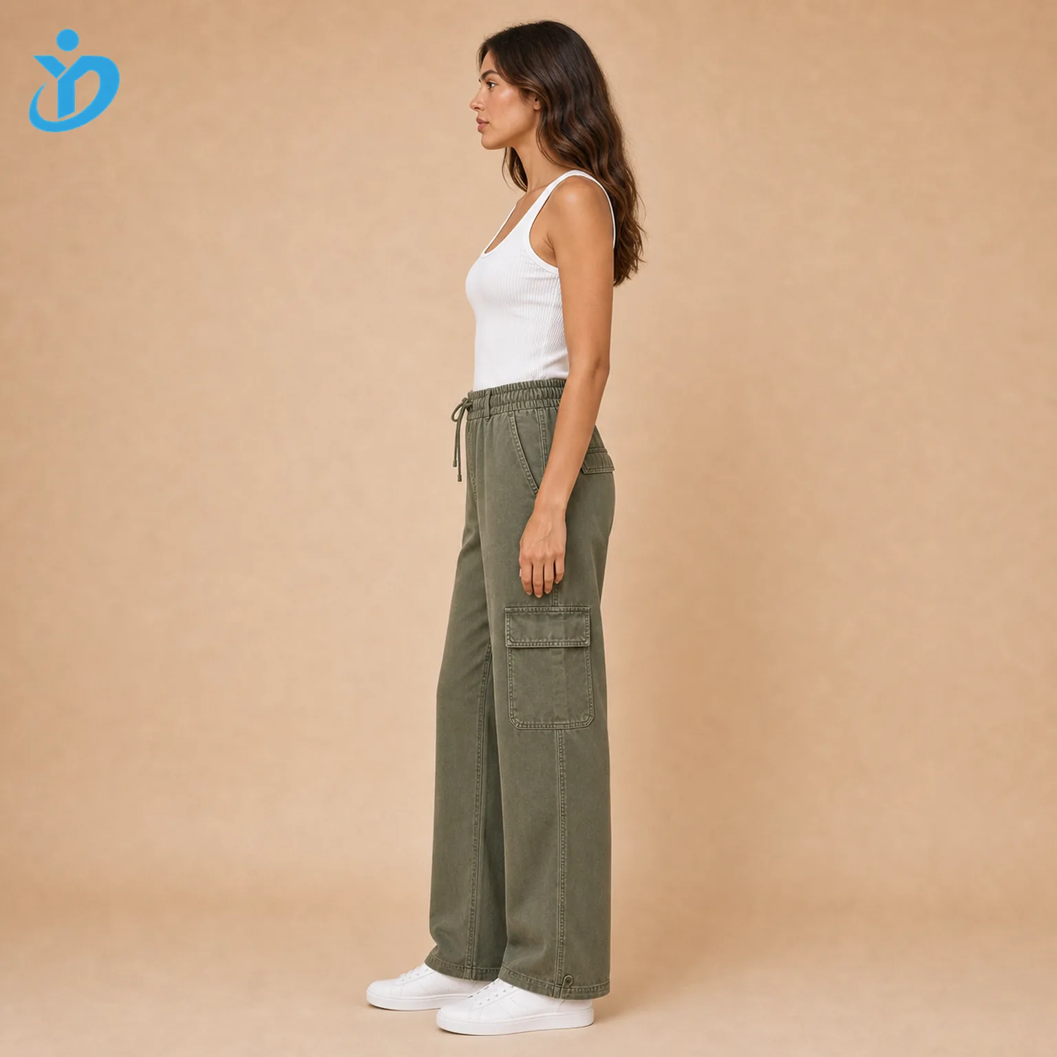 Custom womens cargo pants side view showing olive utility pocket adjustable drawcord elastic waist straight hem reinforced stitching garment wash and Dongguan Yidi Clothing Co Ltd transparent logo