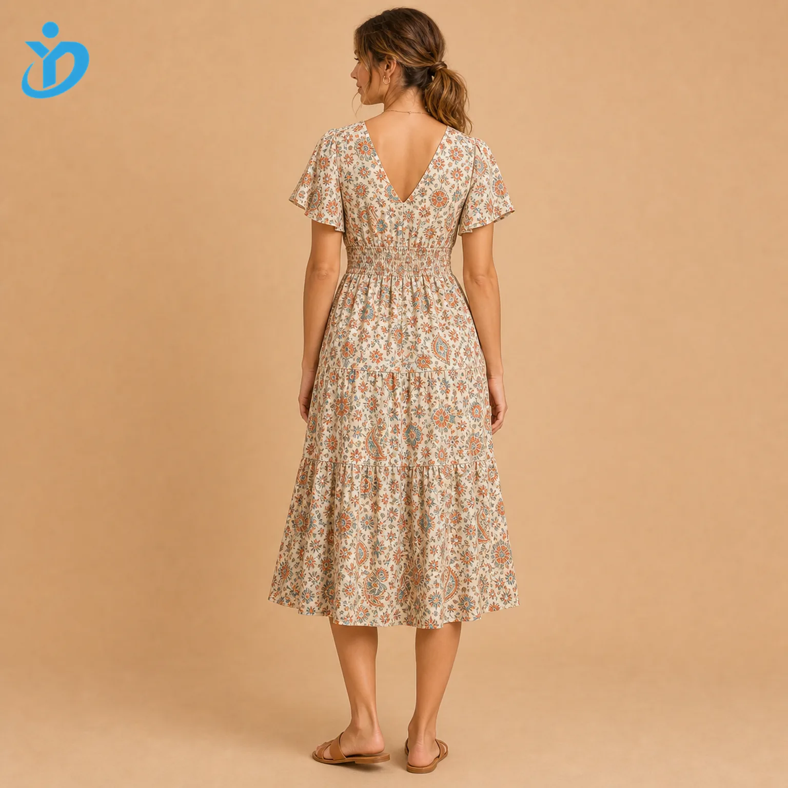 Custom women's casual bohemian midi dress back view with back V neckline, smocked waist, tiered skirt and Dongguan Yidi Clothing Co Ltd transparent logo