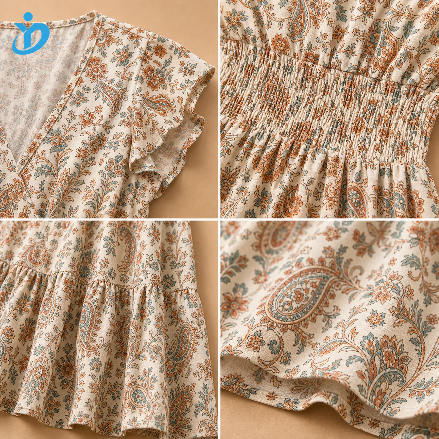 Detail grid for custom women's casual bohemian midi dress showing flutter sleeve, smocked waist, tiered seam, paisley fabric and Dongguan Yidi Clothing Co Ltd transparent logo
