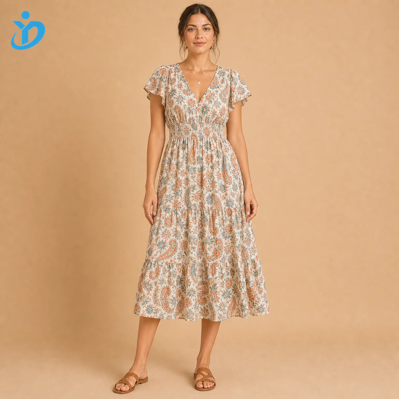 Custom women's casual bohemian midi dress front view with V neckline, flutter sleeves, smocked waist, paisley print and Dongguan Yidi Clothing Co Ltd transparent logo