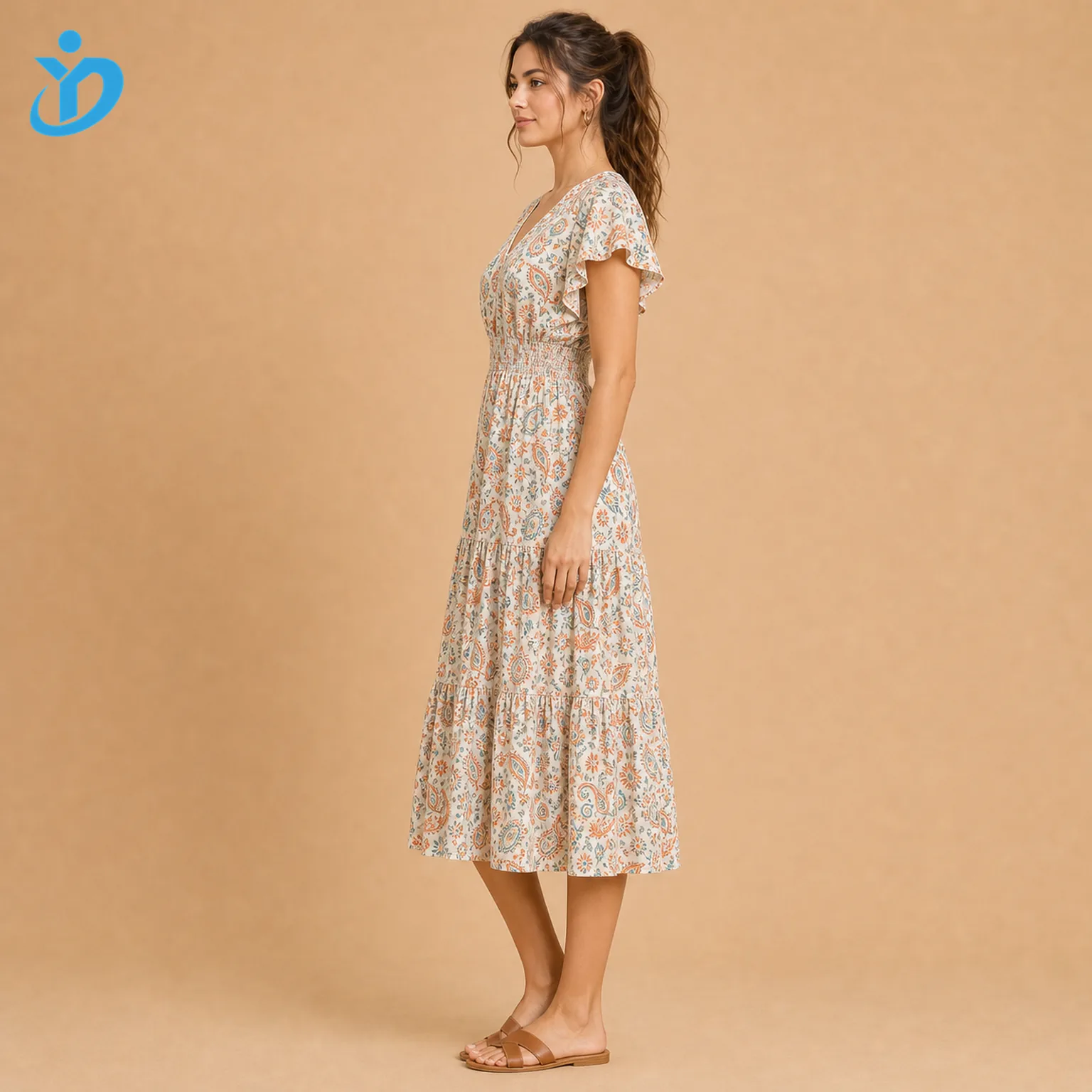 Custom women's casual bohemian midi dress side view with tiered skirt, rayon viscose drape, tan sandals and Dongguan Yidi Clothing Co Ltd transparent logo