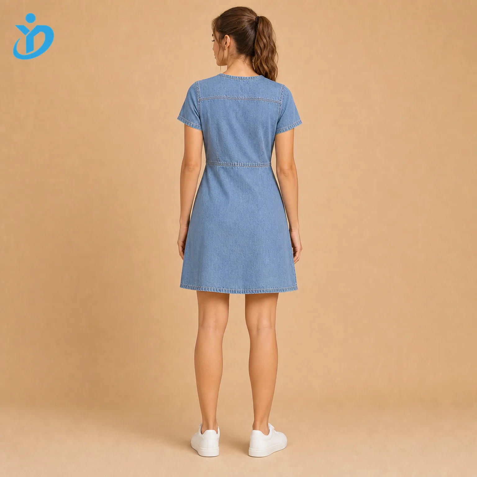 Custom women's casual denim day dress back view with fitted waist seam, soft washed denim and Dongguan Yidi Clothing Co Ltd transparent logo