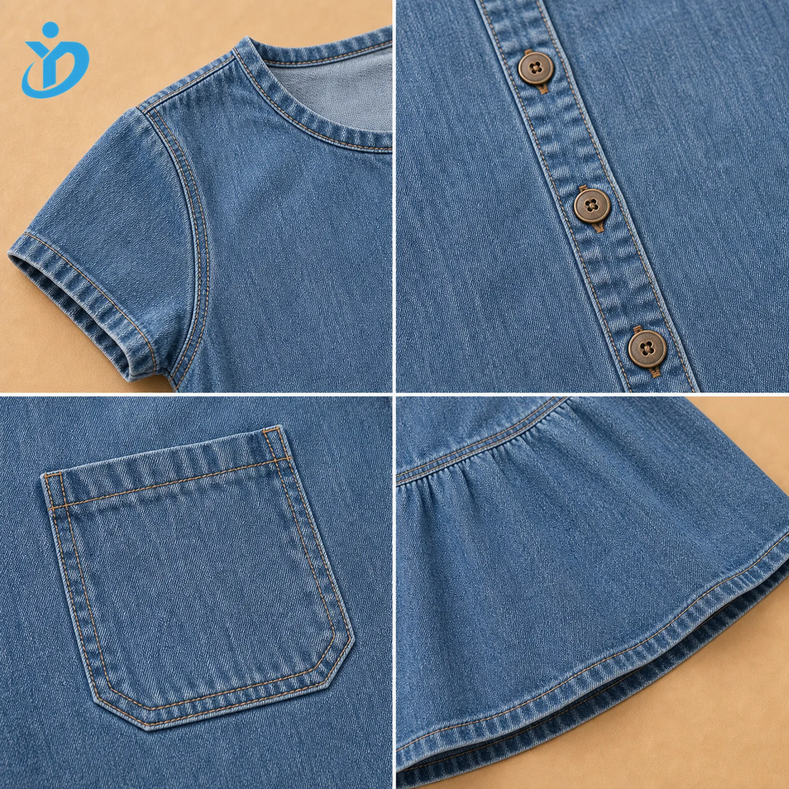 Detail grid for custom women's casual denim day dress showing neckline, metal buttons, patch pocket, hem stitching and Dongguan Yidi Clothing Co Ltd transparent logo
