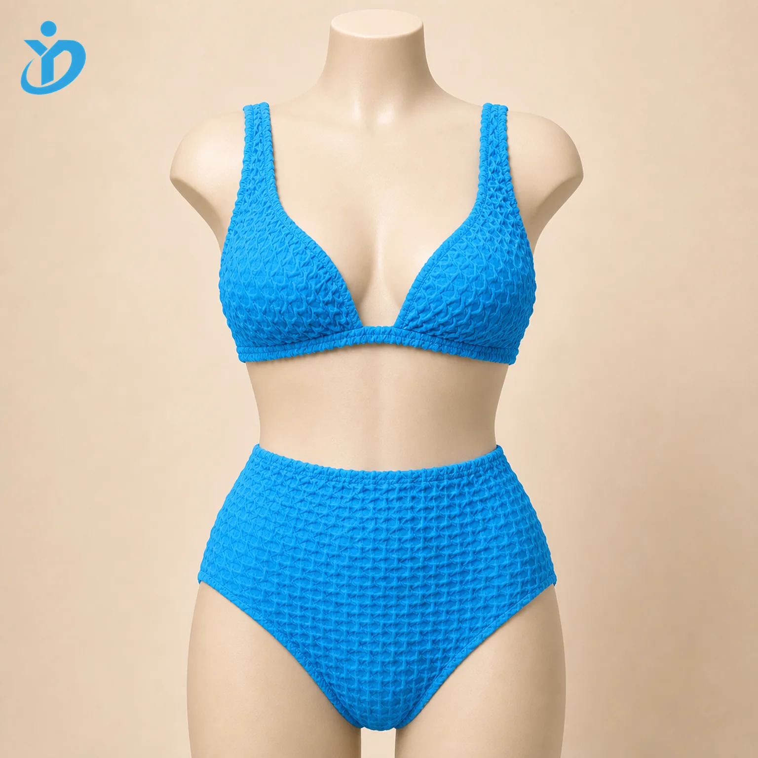 Custom womens crinkle bubble texture bikini set front view on mannequin with high stretch aqua blue fabric soft edges and Dongguan Yidi Clothing Co Ltd transparent logo