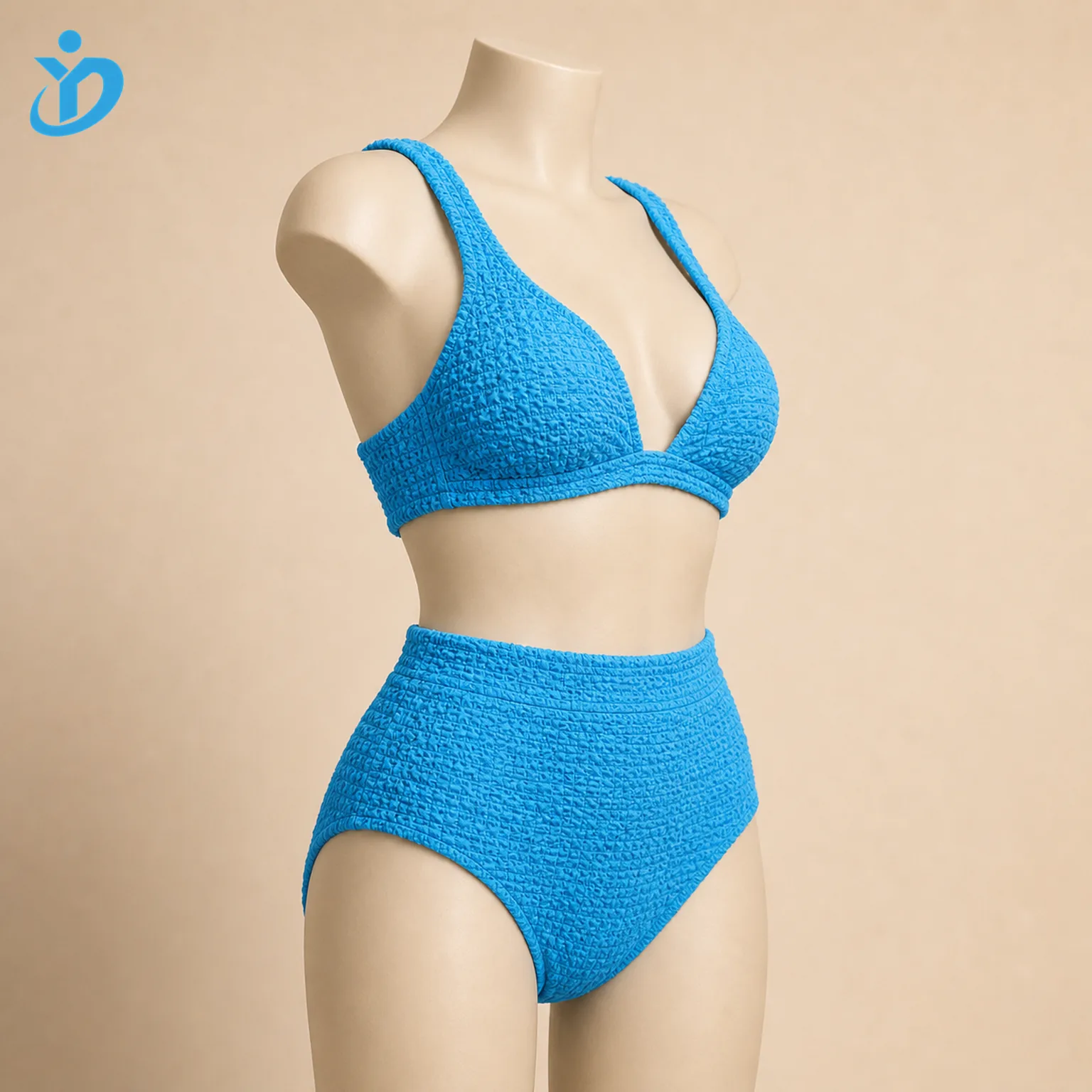 Custom womens crinkle bubble texture bikini set side view on mannequin showing high elastic crinkle fabric soft waistband and Dongguan Yidi Clothing Co Ltd transparent logo