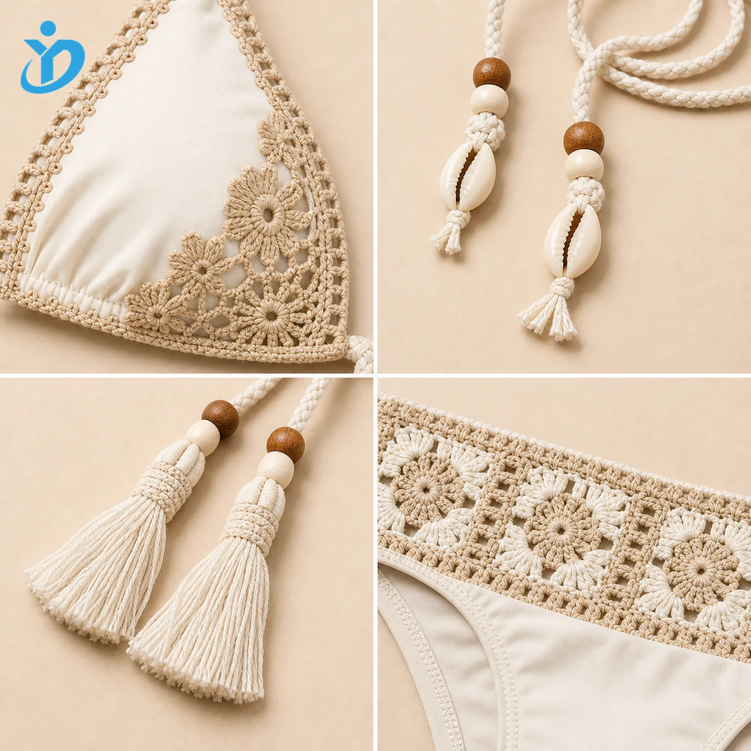Custom womens crochet trim resort bikini set detail grid showing crochet lace trim shell beads wooden beads tassels handwoven edge and Dongguan Yidi Clothing Co Ltd transparent logo