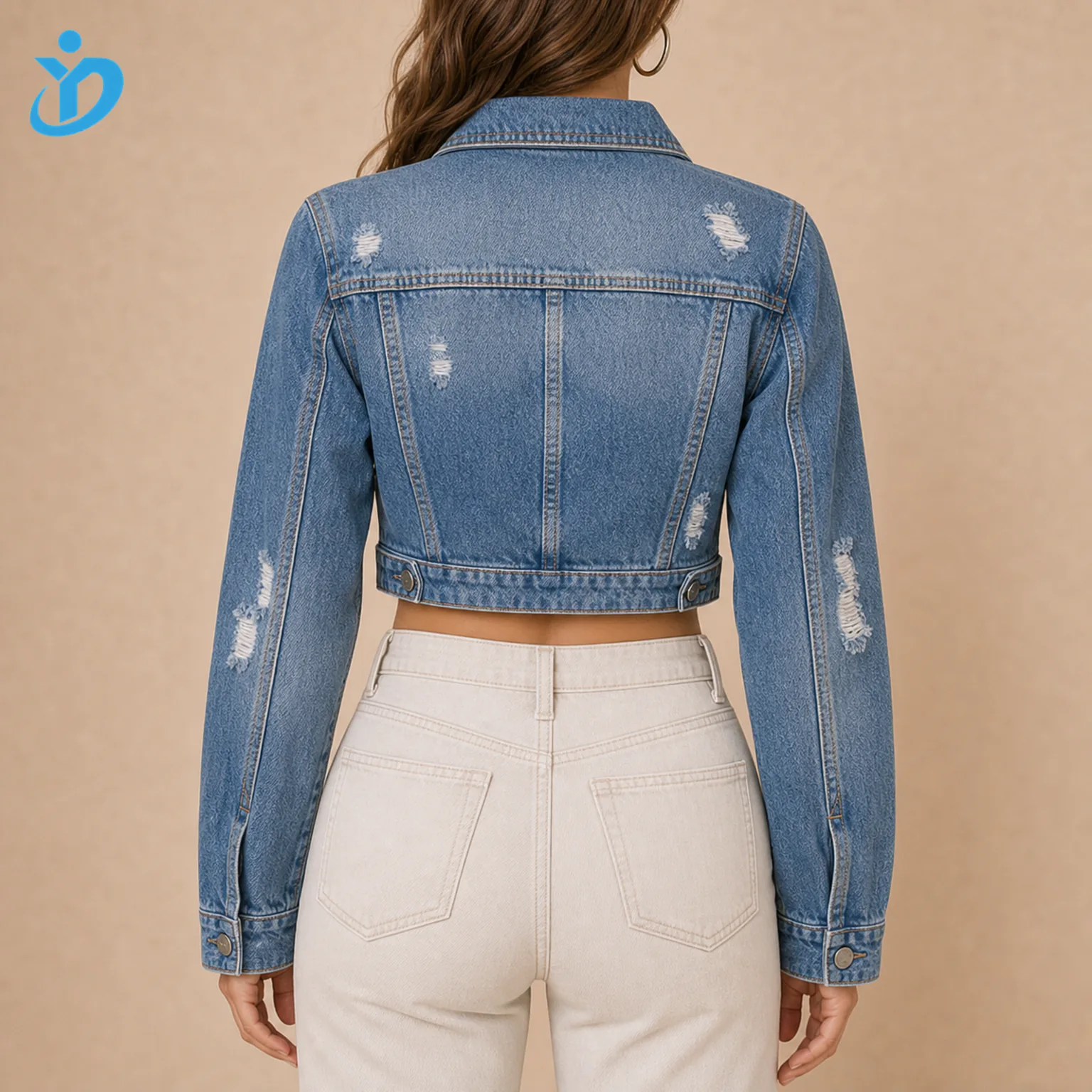 Custom womens cropped vintage denim jacket back view showing cropped length fitted waist vintage wash destroyed details contrast stitching and Dongguan Yidi Clothing Co Ltd transparent logo