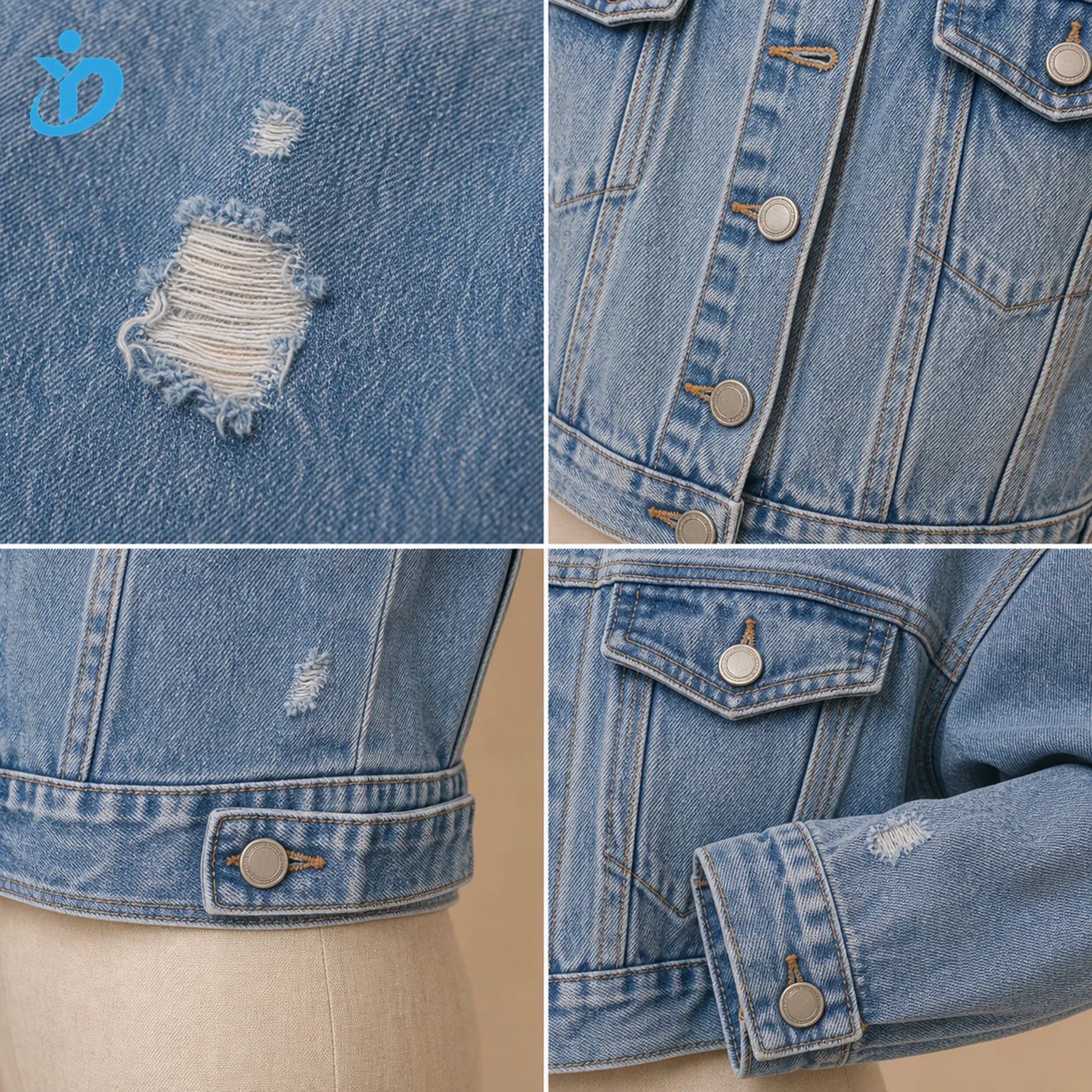 Custom womens cropped vintage denim jacket detail grid showing vintage wash destroyed abrasion metal buttons fitted waist contrast stitching and Dongguan Yidi Clothing Co Ltd transparent logo