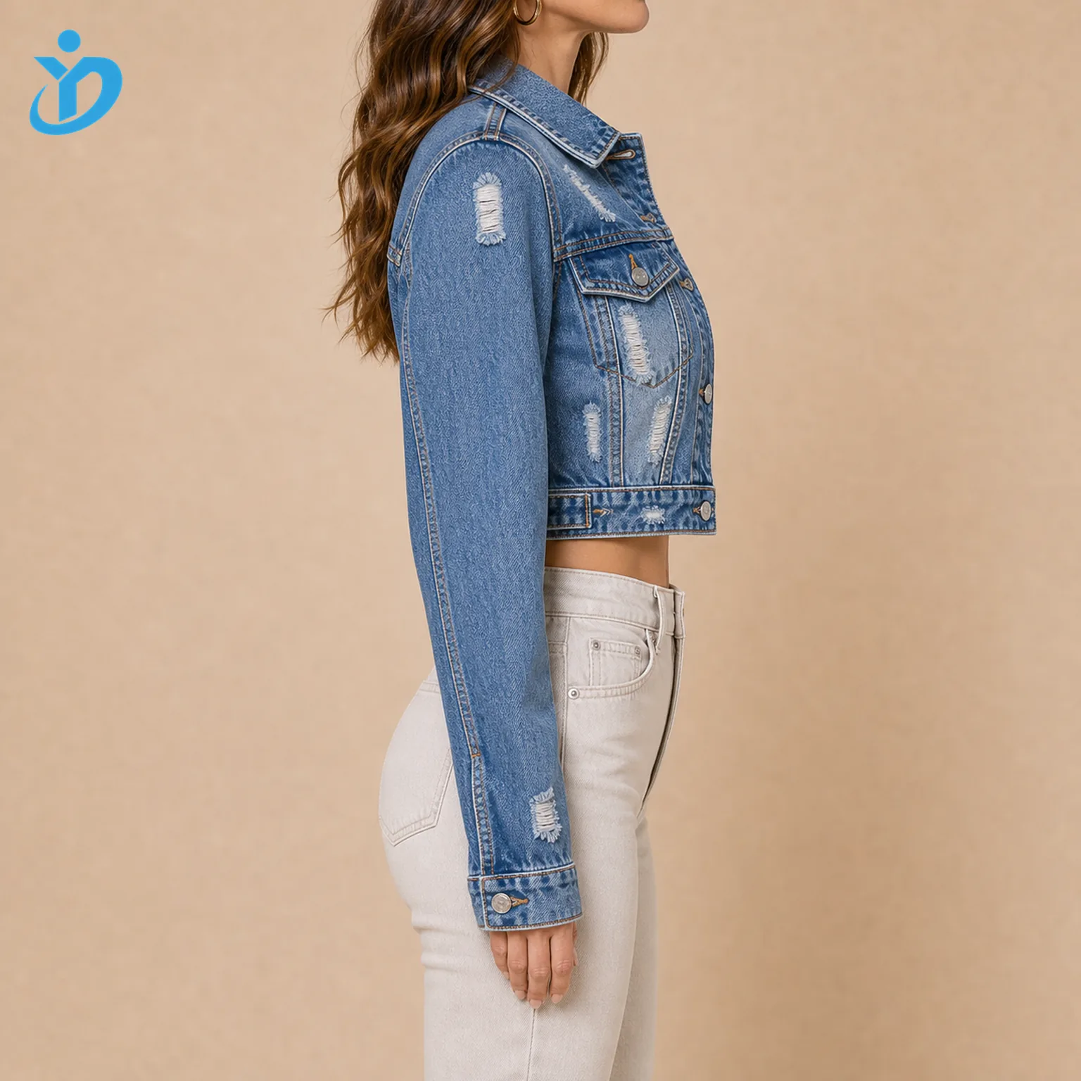 Custom womens cropped vintage denim jacket side view showing fitted waist vintage wash destroyed details contrast stitching metal buttons and Dongguan Yidi Clothing Co Ltd transparent logo