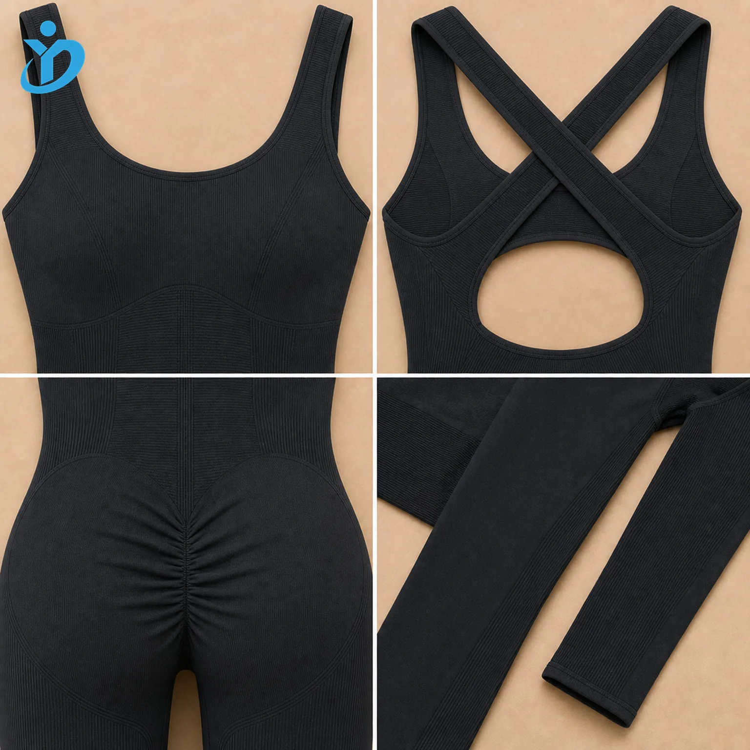 Custom womens cross back yoga jumpsuit detail grid showing seamless scoop neckline open back cross straps rear scrunch seam four-way stretch moisture wicking fabric and Dongguan Yidi Clothing Co Ltd transparent logo