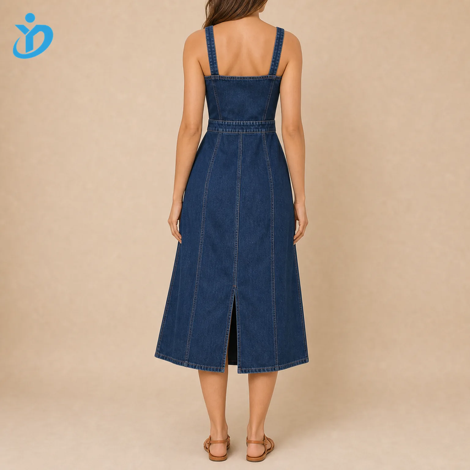 Custom womens dark indigo denim midi dress back view showing fitted waist A-line skirt center back slit below knee length and Dongguan Yidi Clothing Co Ltd transparent logo