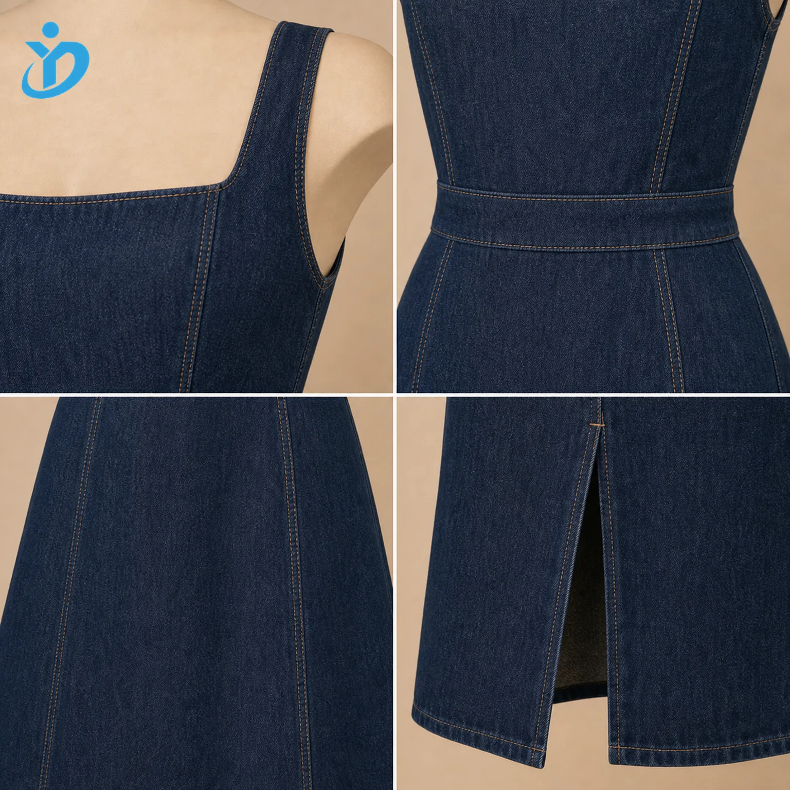 Custom womens dark indigo denim midi dress detail grid showing square neckline fitted waist panel seam A-line skirt and back slit with Dongguan Yidi Clothing Co Ltd transparent logo