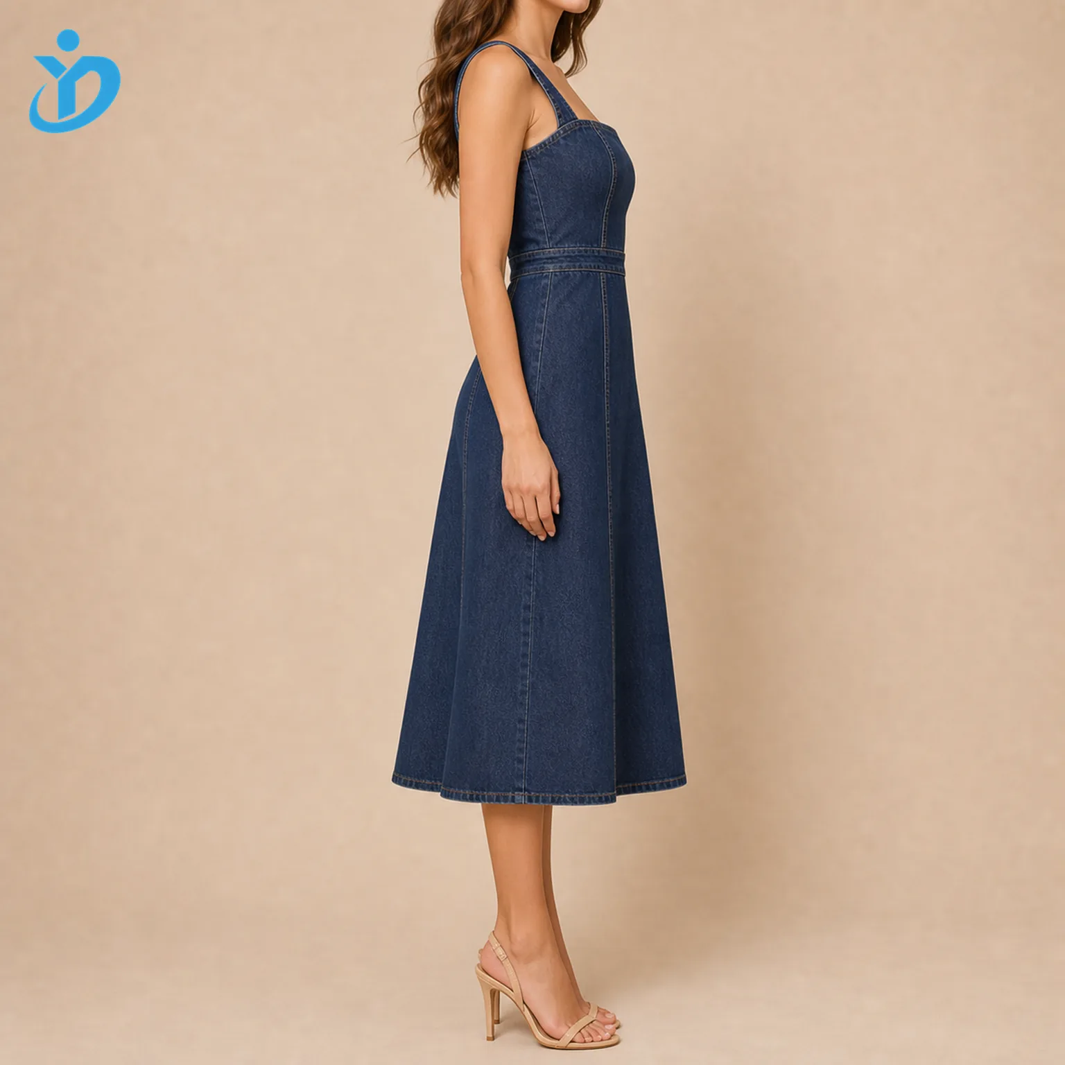 Custom womens dark indigo denim midi dress side view showing fitted waist below knee A-line skirt dark indigo wash and Dongguan Yidi Clothing Co Ltd transparent logo