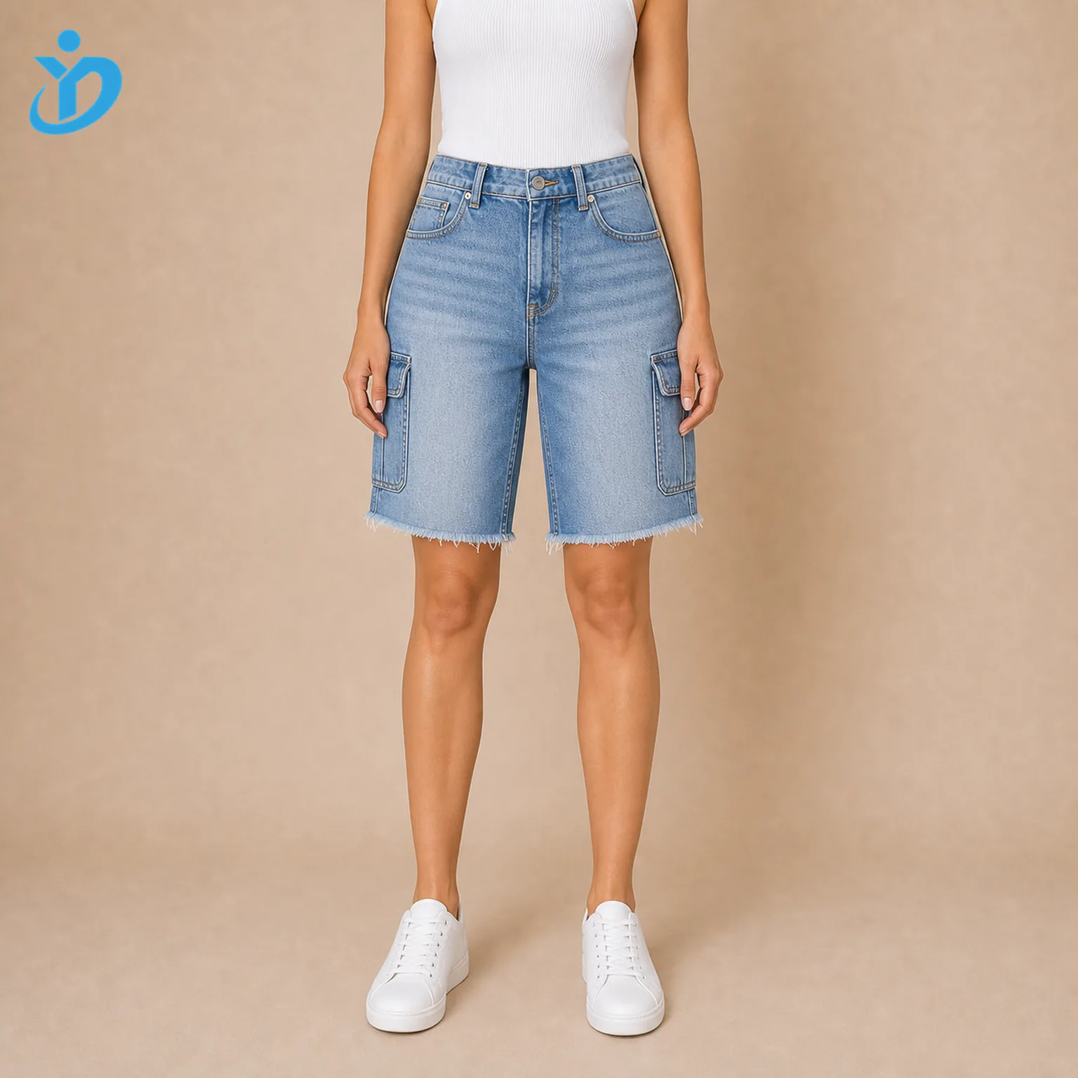 Custom womens denim Bermuda shorts front view with light blue vintage wash relaxed fit loose silhouette raw edge cargo pockets white tank top white sneakers and Dongguan Yidi Clothing Co Ltd transparent logo