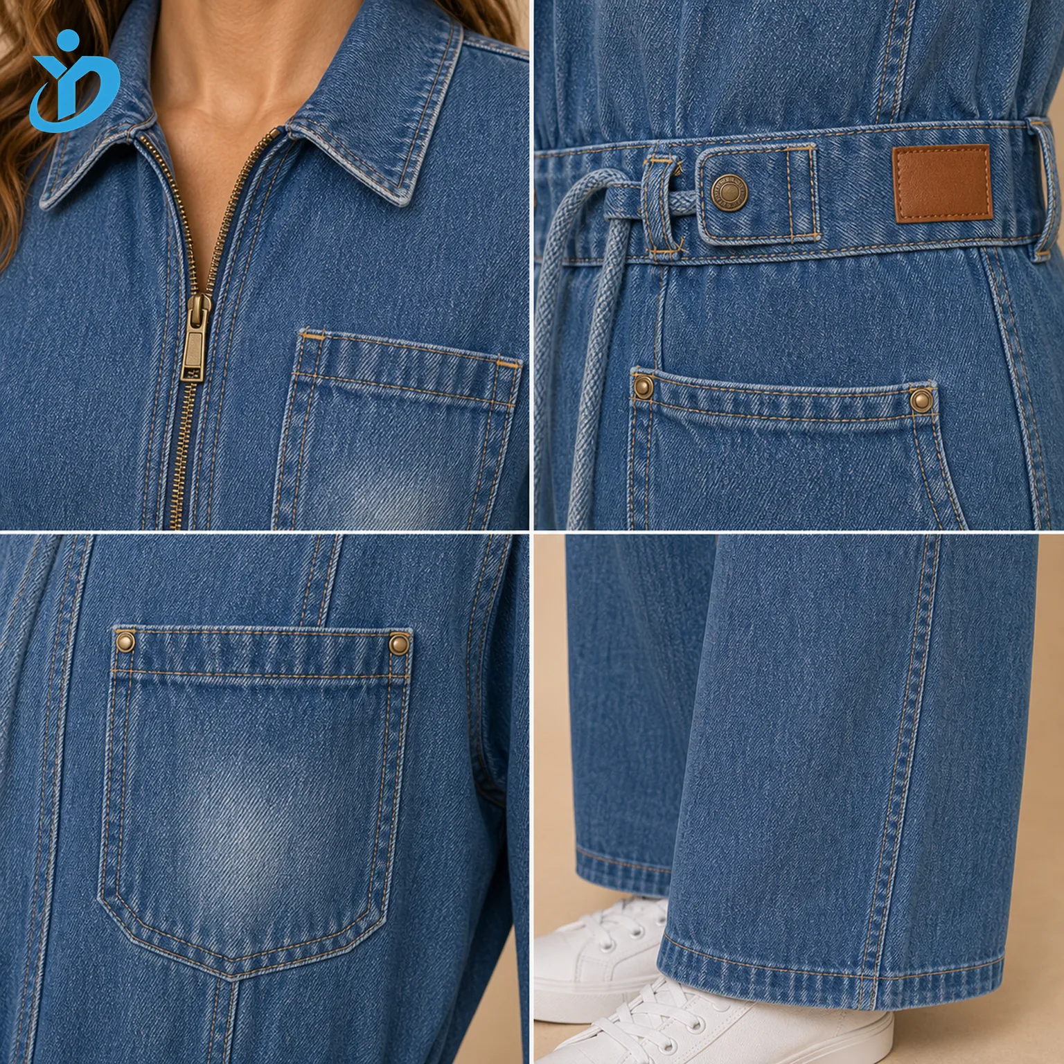 Custom womens denim boiler suit detail grid showing front metal zipper adjustable waist chest pocket rivets sand blasting contrast stitching and Dongguan Yidi Clothing Co Ltd transparent logo